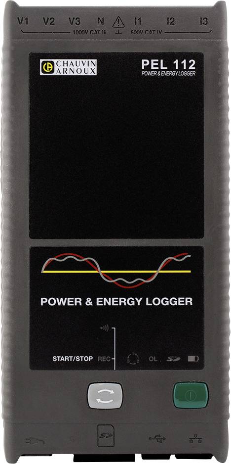 'Chauvin Arnoux PEL 112 Power & Energy Logger' Gerät mit digitalem Bildschirm. Zeigt Energieverbrauch durch Grafiken und LEDs an.