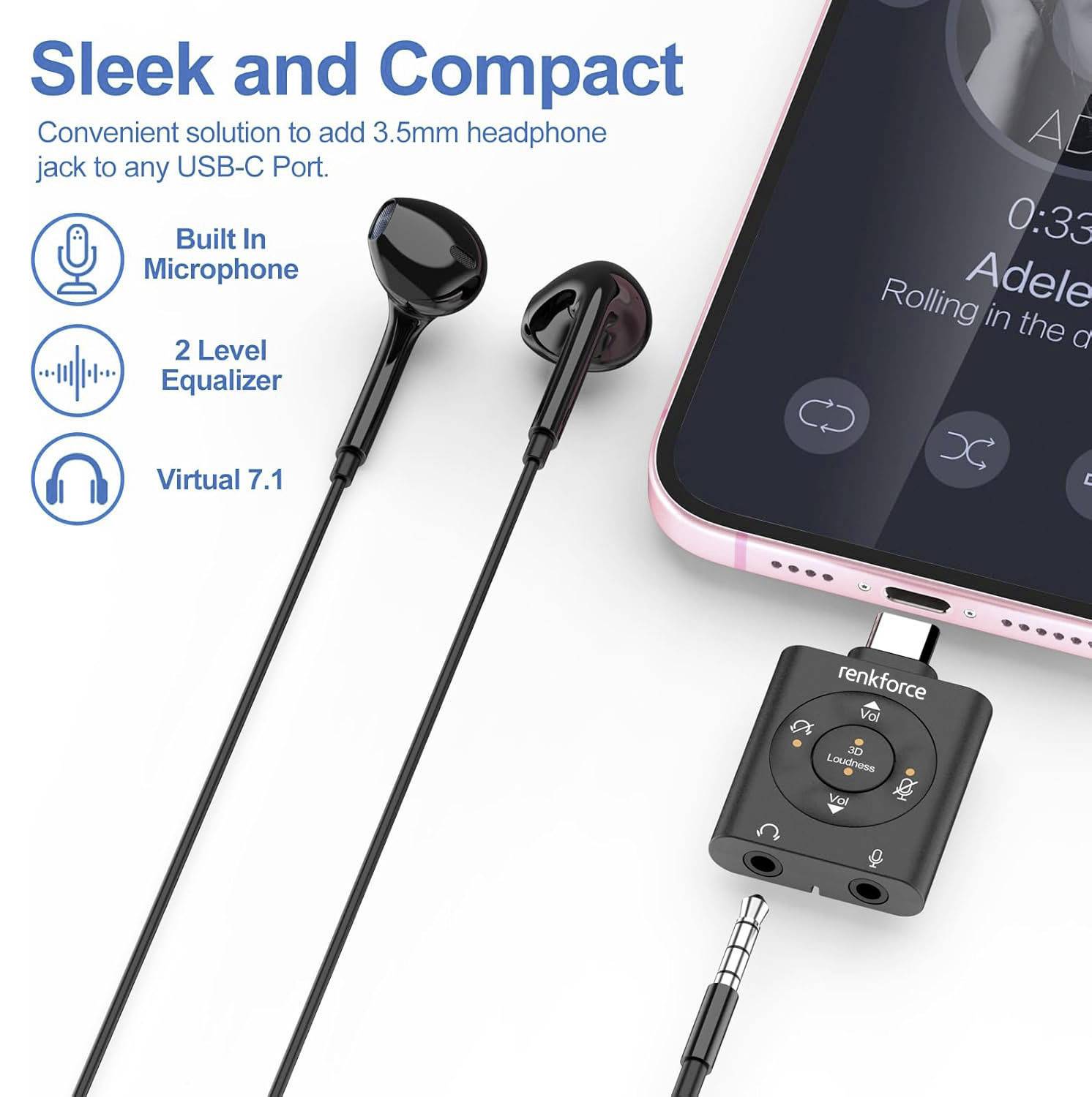 Renkforce USB-C®, Audio Adapter [1x USB-C® Stecker - 1x Mikrofon (3.5mm Klinke), Kopfhörer (3.5mm Klinke)] RF-SGA-171