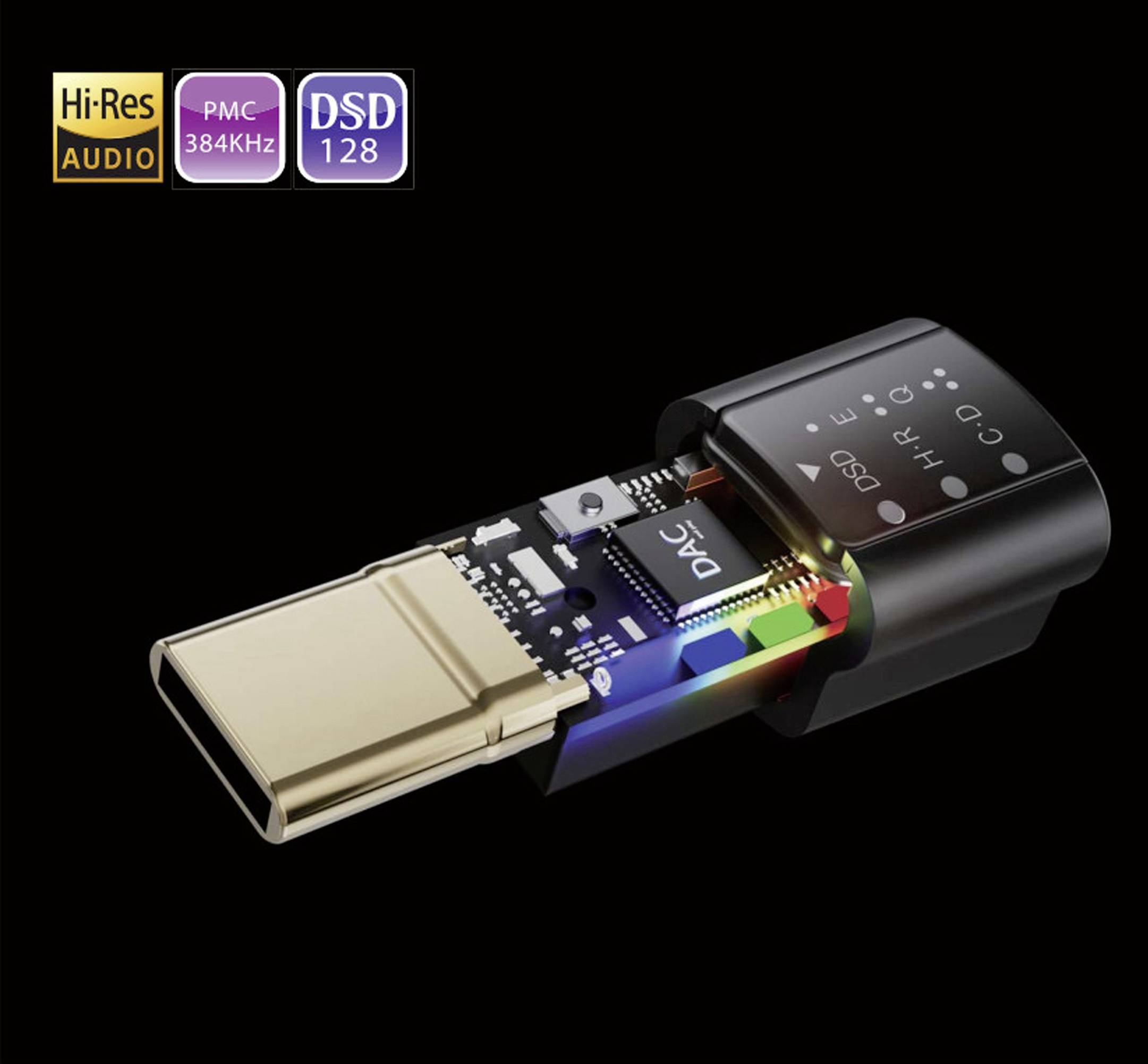 Ein USB-DAC mit offenem Gehäuse zeigt intern die Schaltkreise und LED-Anzeigen. Oberhalb befinden sich Audioformat- und Qualitätslogos.