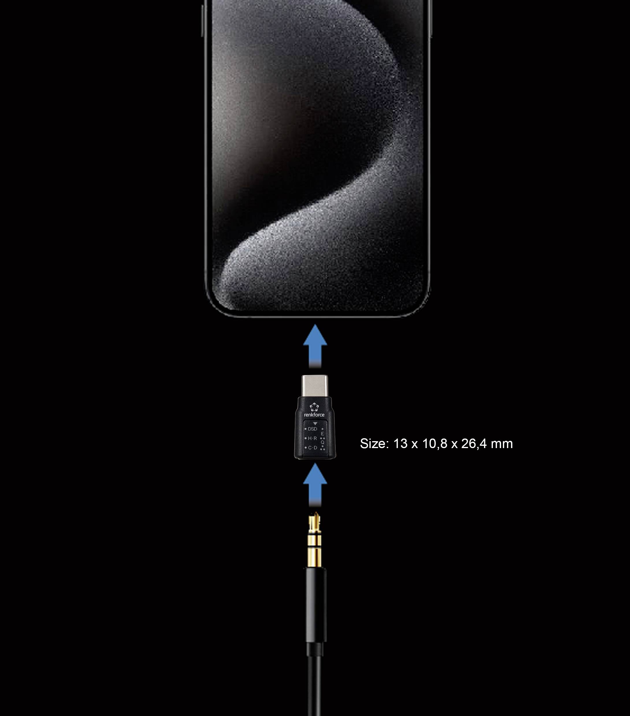 Smartphone mit einem Adapter und einem Audiokabel verbunden. Der Adapter misst 13 x 10,8 x 26,4 mm.