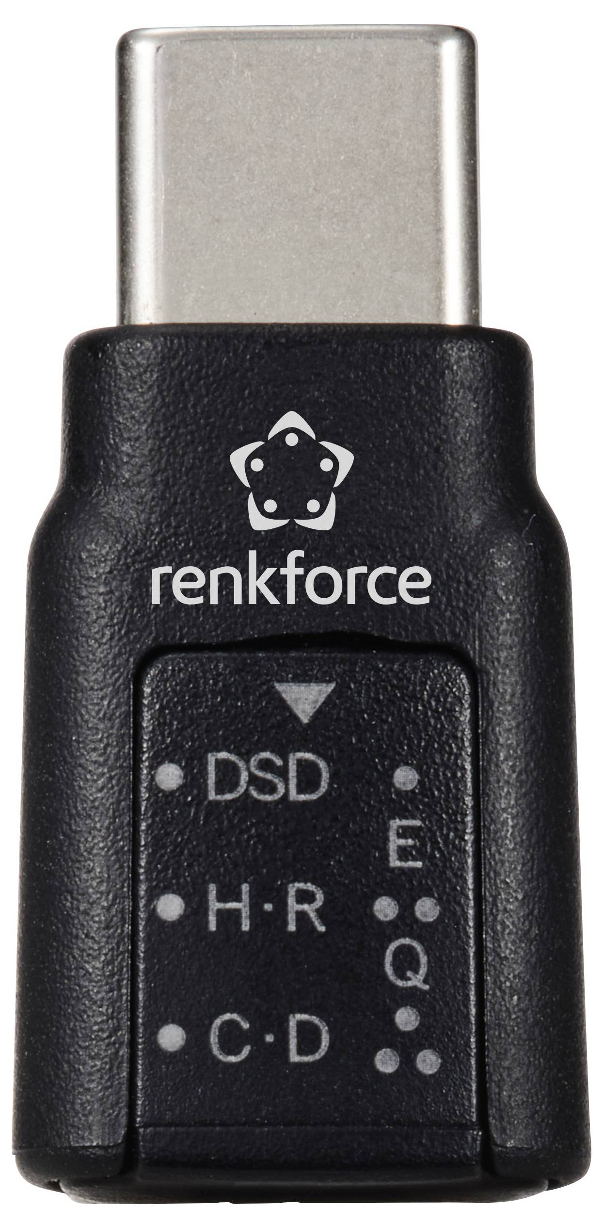 Renkforce USB-C Adapter mit verschiedenen Betriebsmodi angezeigt durch LEDs für DSD, E, H und C-D.