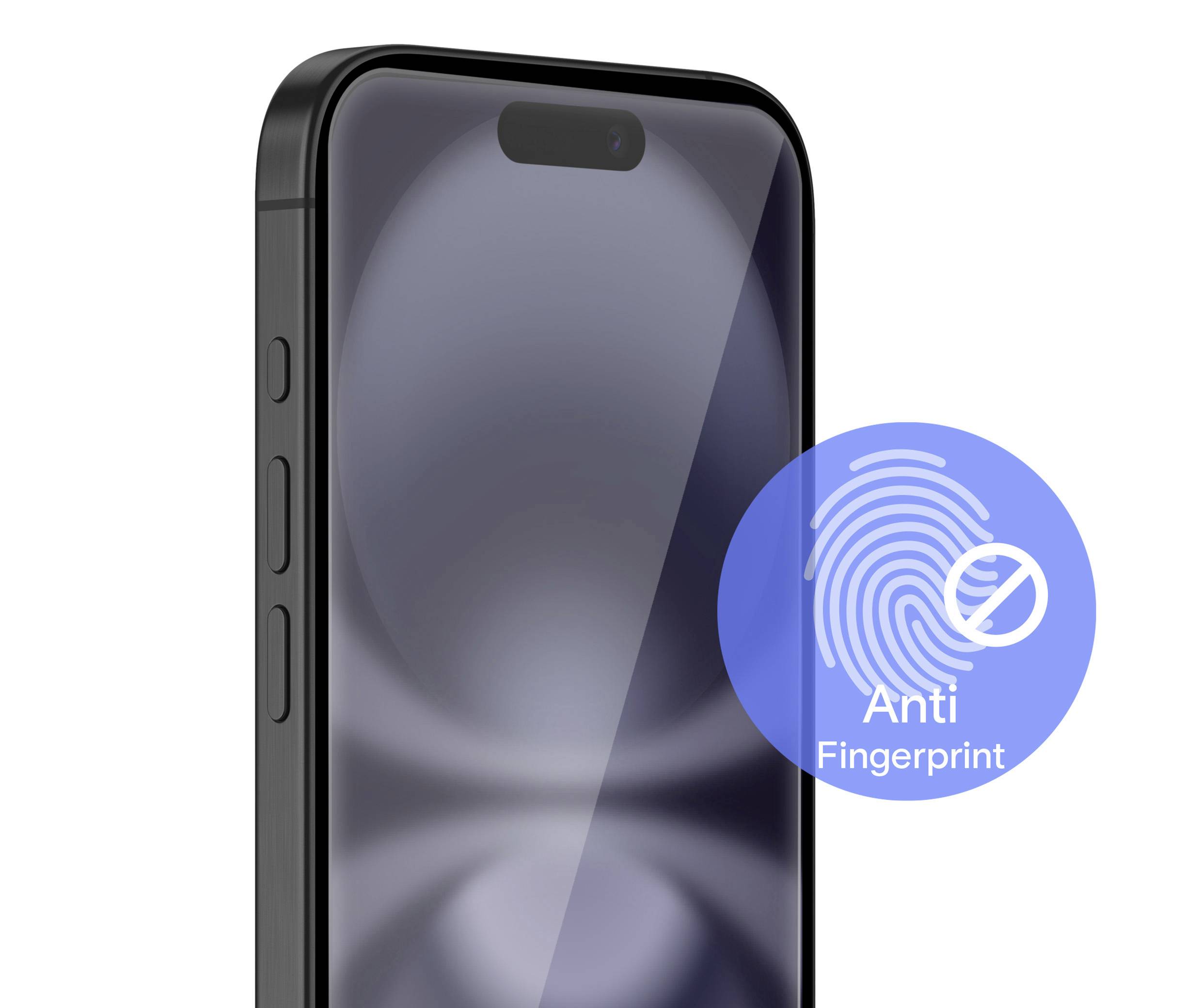 Smartphone in Nahaufnahme mit Anti-Fingerprint-Beschichtung. Ein blauer Kreis zeigt ein durchgestrichenes Fingerabdrucksymbol und den Text 'Anti Fingerprint'.