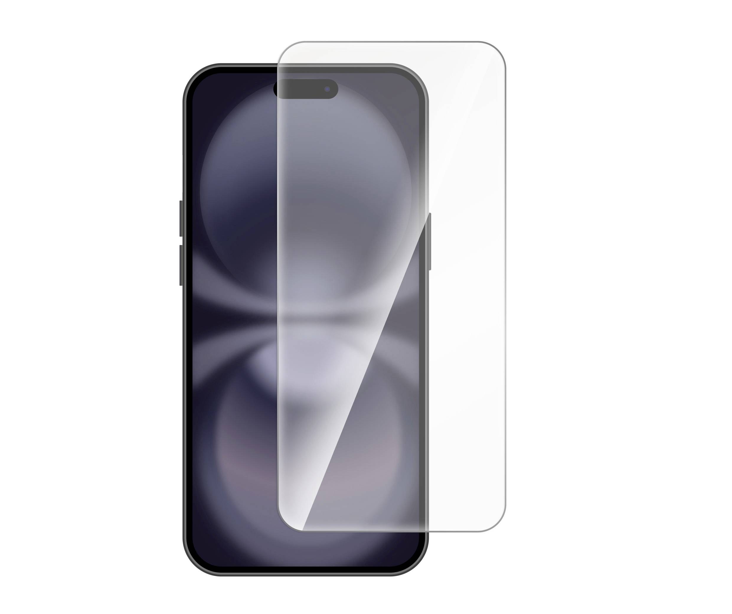 Smartphone mit entspiegeltem Display und abgerundeten Ecken. Im Vordergrund ist ein transparenter Displayschutz abgebildet.