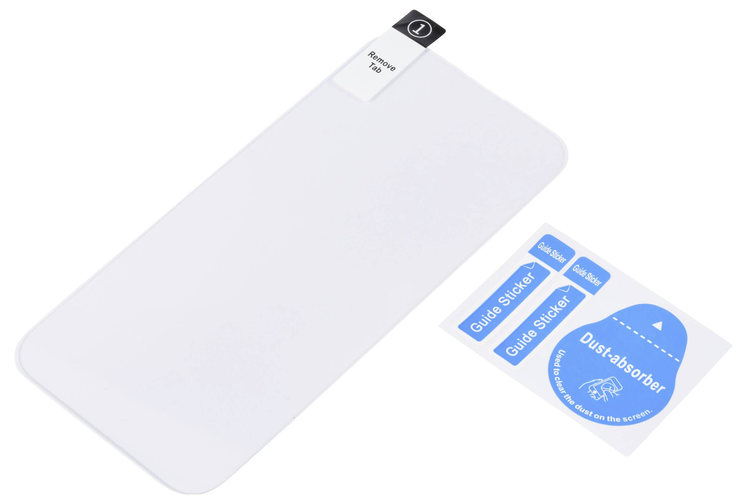 Eine transparente Displayschutzfolie liegt flach neben einem Satz von Aufklebern, die mit 