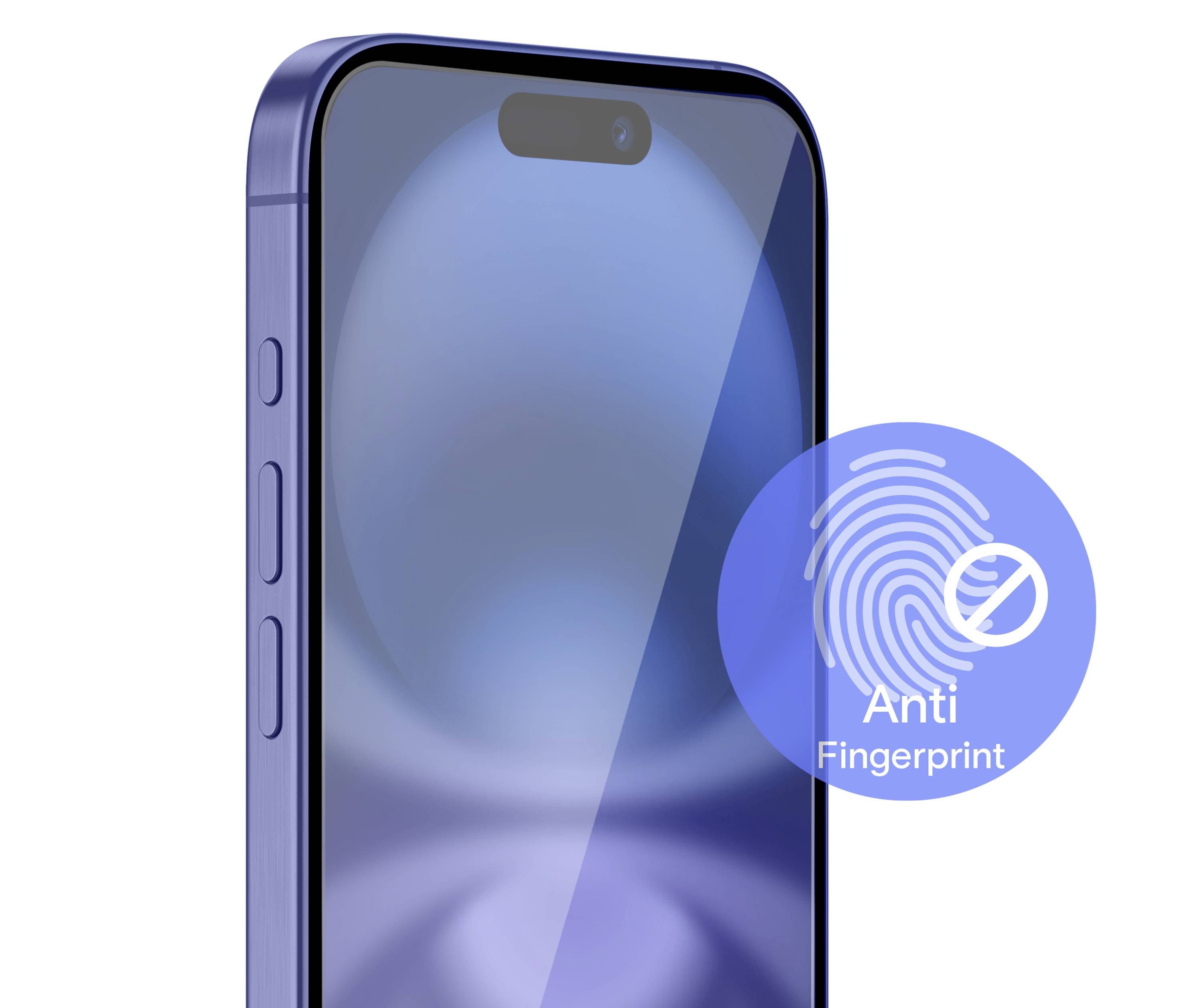 Blaues Smartphone mit seitlichen Tasten. Auf dem Display ist ein Symbol gegen Fingerabdrücke mit der Aufschrift 'Anti Fingerprint'.