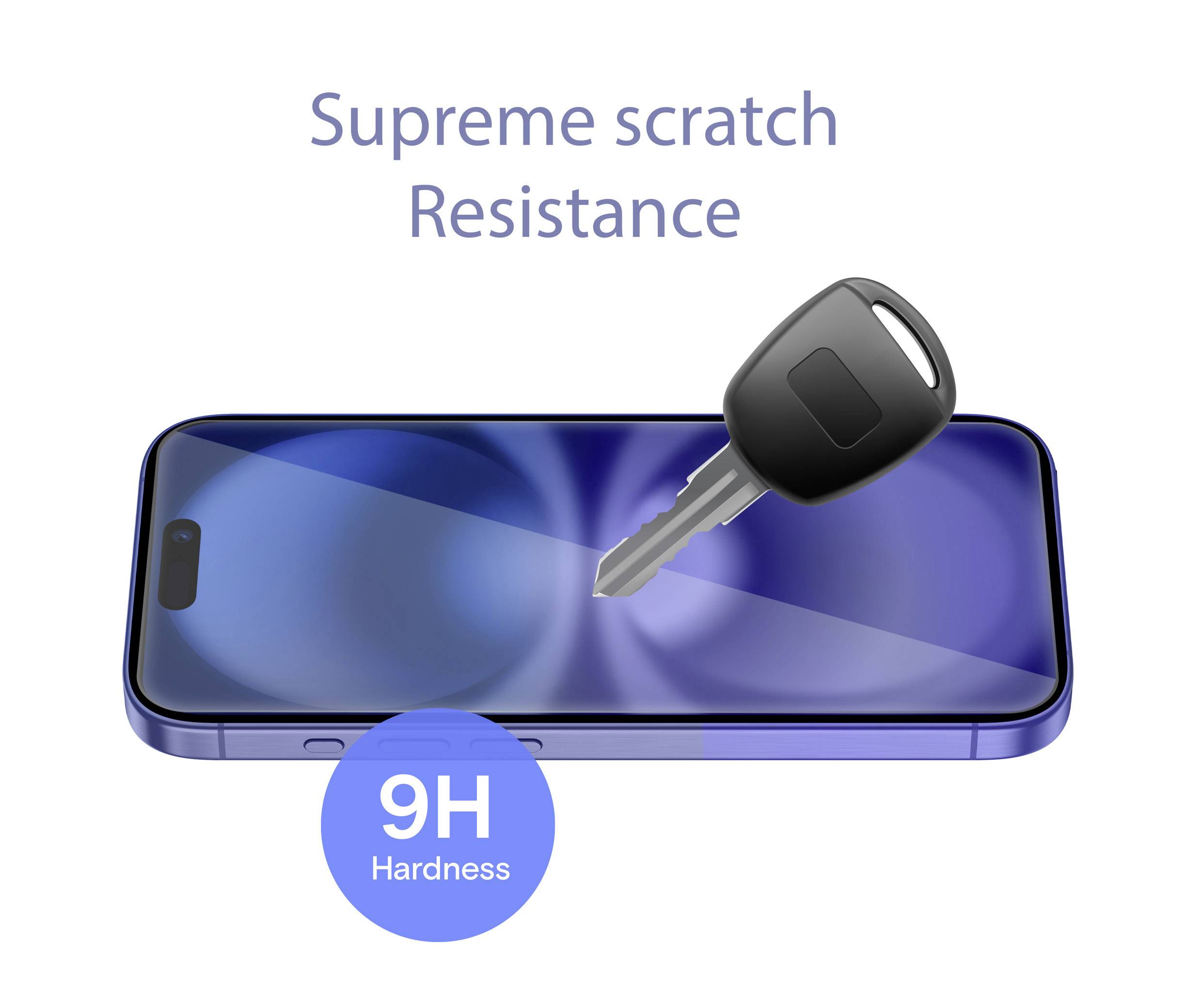 Schwarzer Schlüssel zerkratzt ein Smartphone-Display ohne Schaden. Text: 'Supreme scratch Resistance' und '9H Hardness'.