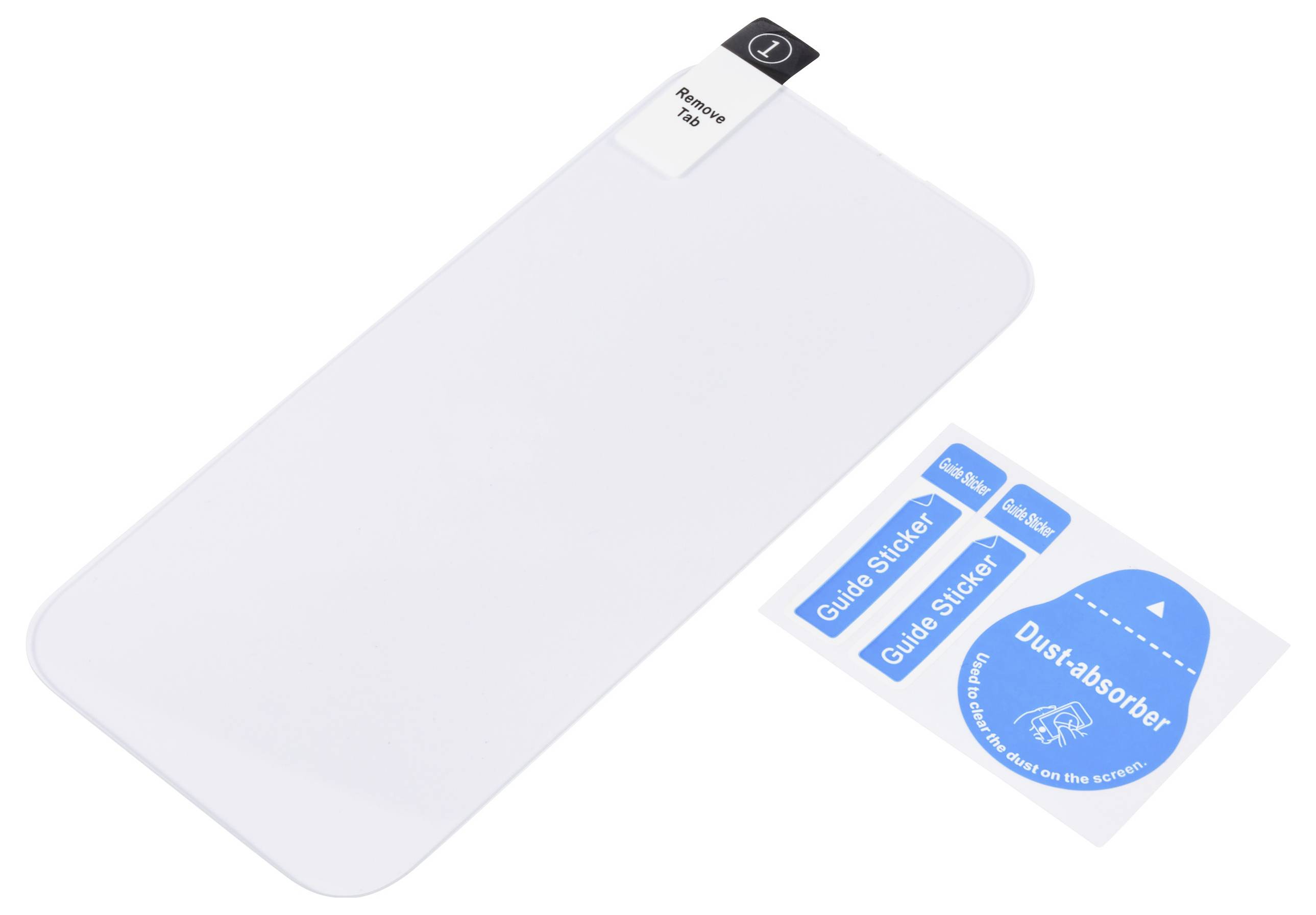 Eine transparente Schutzfolie für Handybildschirme mit einem Set blauer 'Anleitung-Sticker' und 'Staubabsorber'-Etiketten, die zur Anwendung bereit liegen.