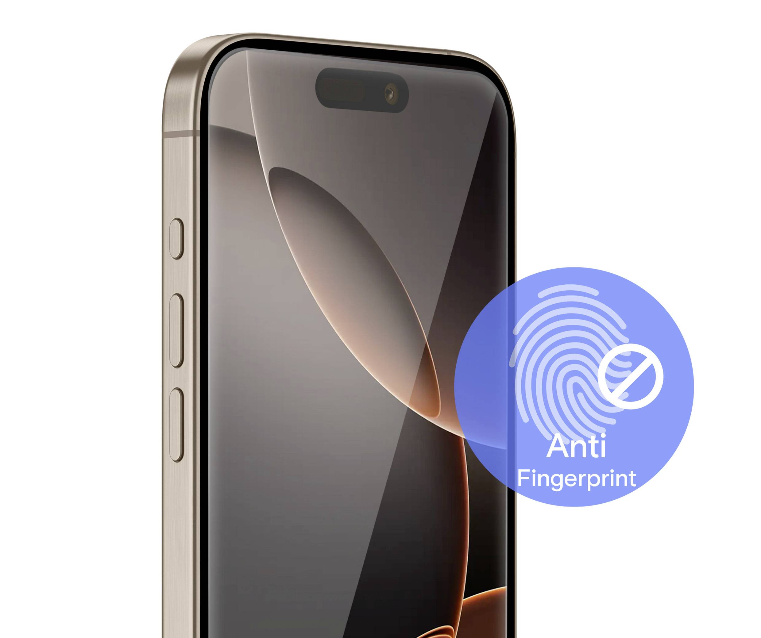 Smartphone mit glattem Display und einem Symbol für anti-Fingerprint-Beschichtung, das eine durchgestrichene Fingerabdruckgrafik zeigt.