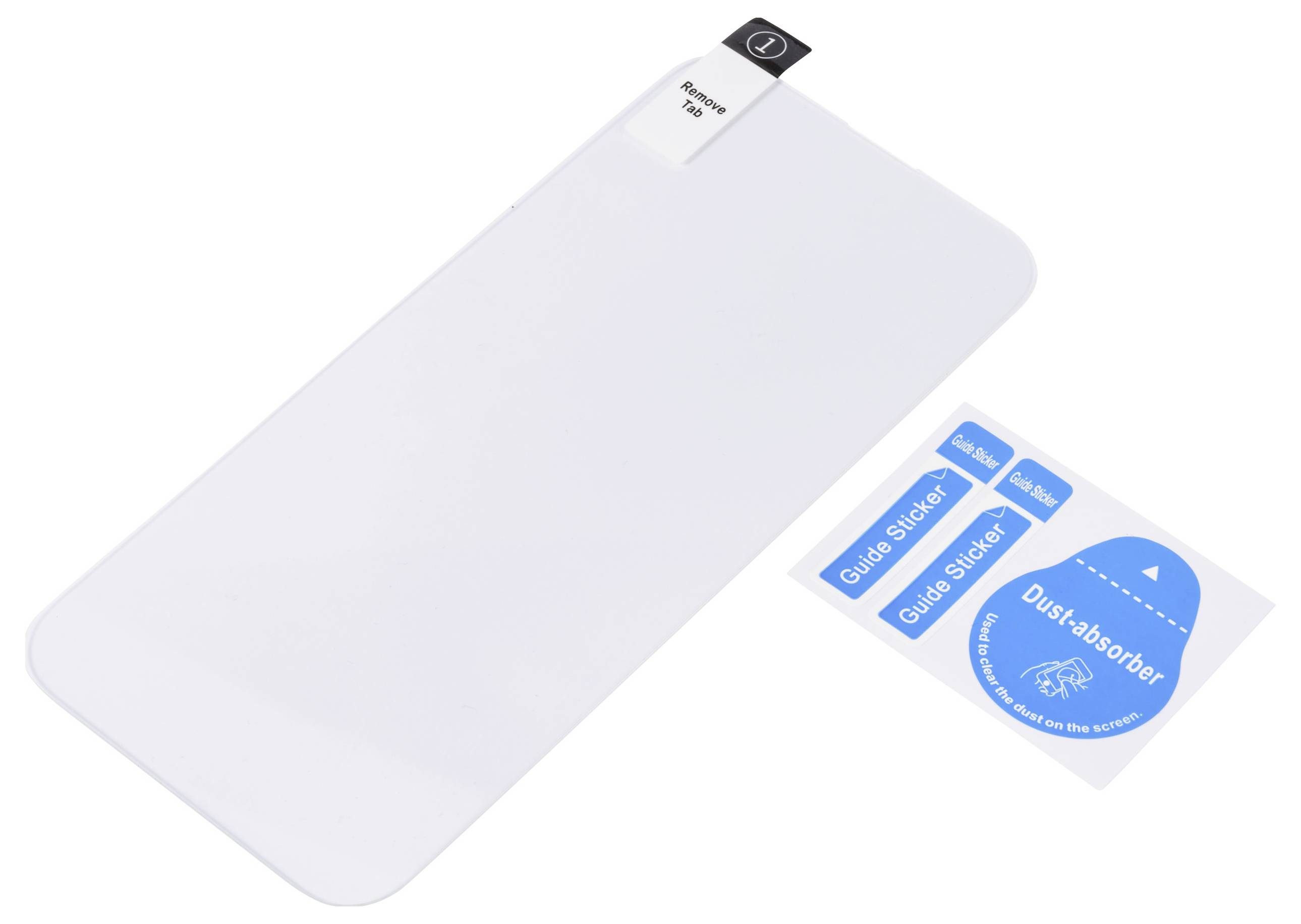 Displayschutz mit Staubabsorber und Ausrichtungshilfen. Inklusive Anleitung zur einfachen Anbringung auf mobilen Geräten.