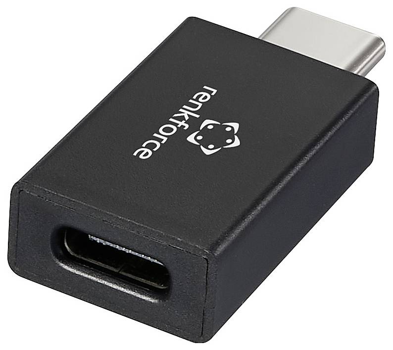 USB-C-Adapter der Marke Renkforce, ermöglicht den Anschluss von USB-C-Geräten, rechteckig, schwarz, mit einem silbernen Anschluss.