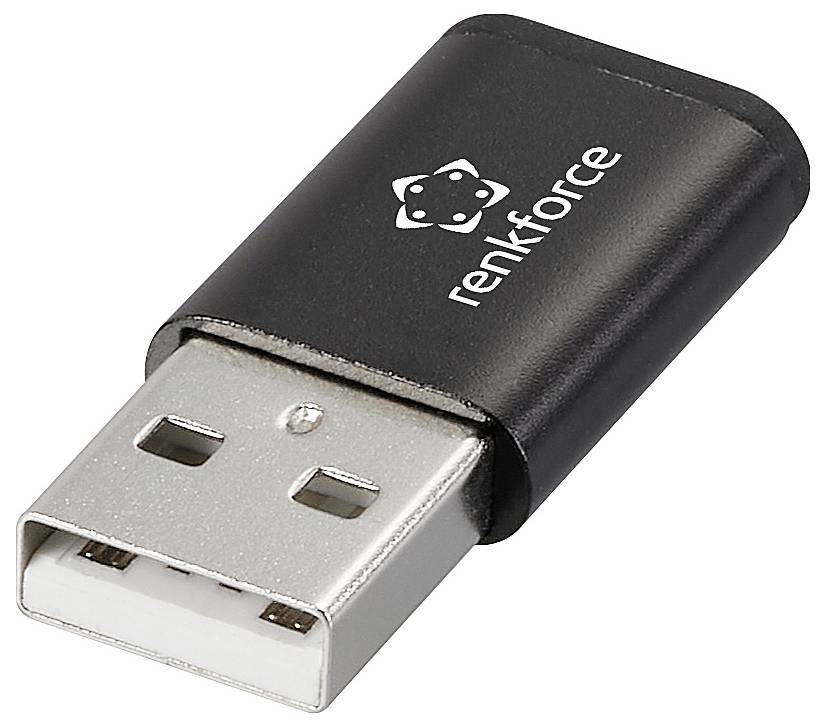 USB-Adapter von Renkforce, schwarz, mit silbernem Anschluss.