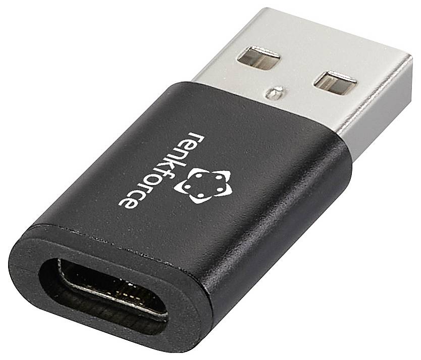 USB-Adapter mit schwarzem Gehäuse und silbernem Anschluss. Beschriftung: 'renkforce'. USB-A-Stecker zu USB-C-Buchse.