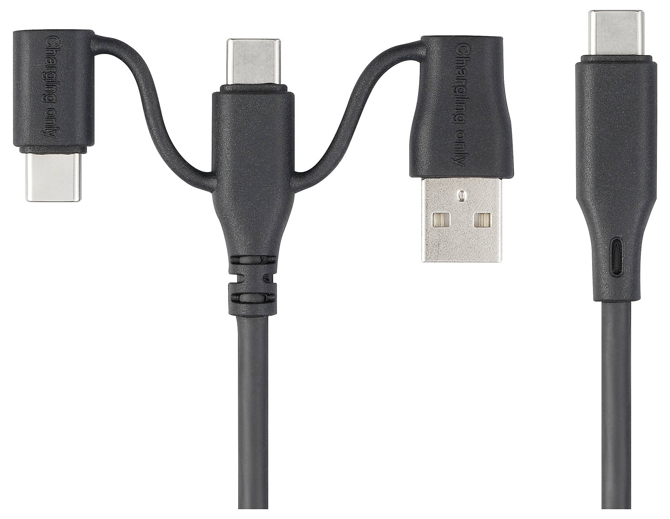 Schwarzes Ladekabel mit USB-C, USB-A und Micro-USB-Anschlüssen. Kabel ist flexibel und multifunktional für verschiedene Geräte.