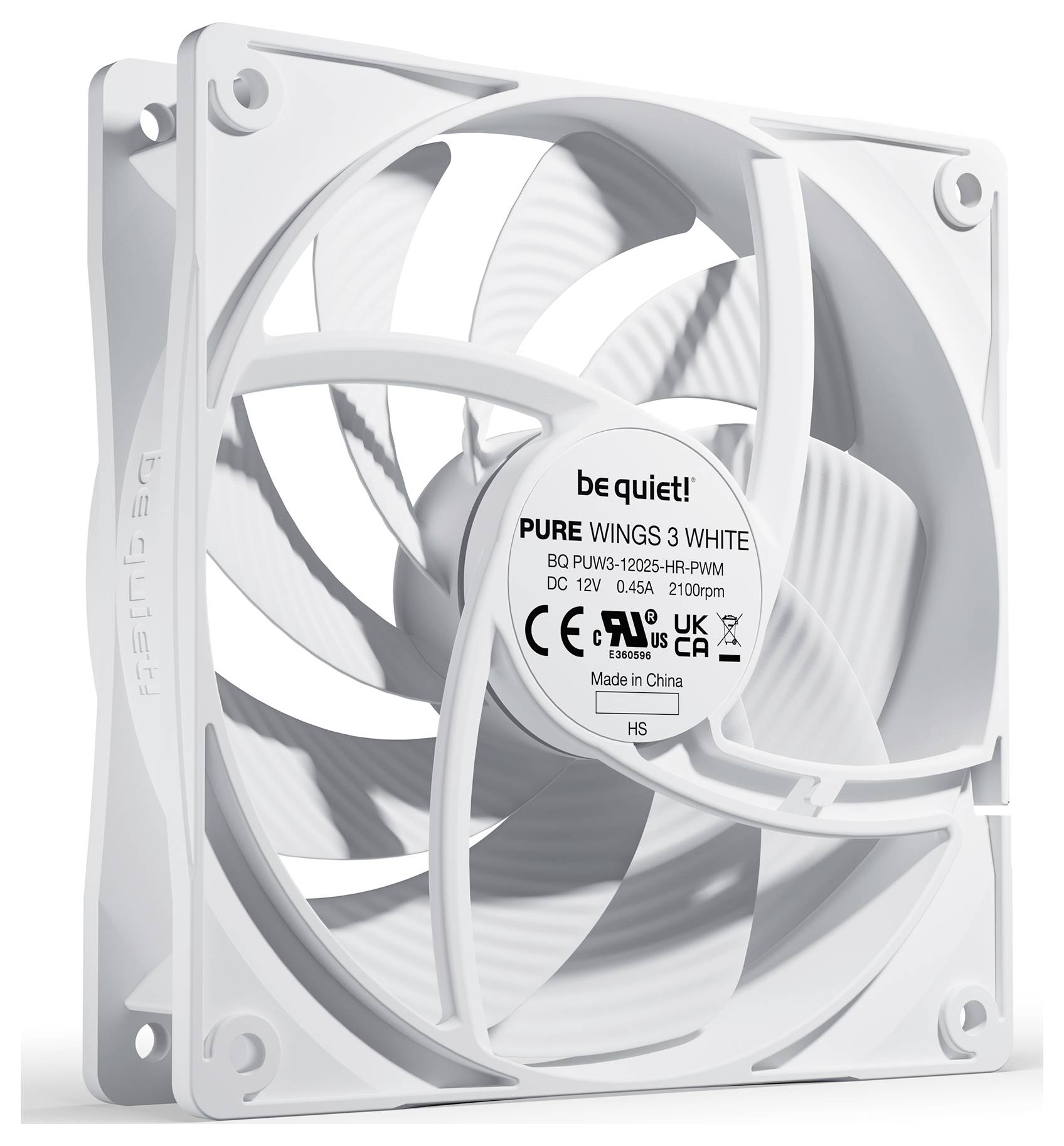 Weißer Computerlüfter mit der Aufschrift 'PURE WINGS 3 WHITE' auf dem Etikett, zeigt Spezifikationen wie 12V, 0.30A, 2200rpm.