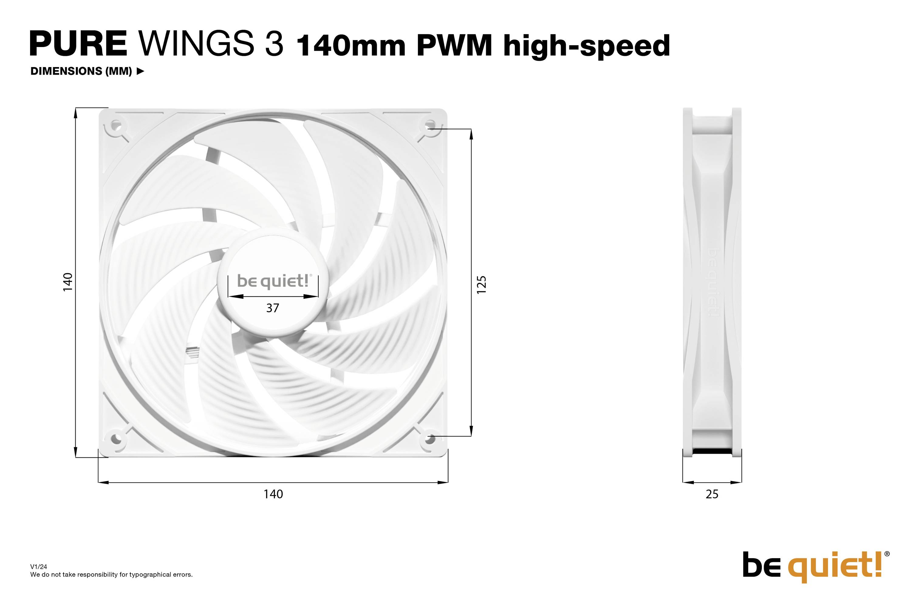 BeQuiet PURE WINGS 3 White 140mm PWM high-speed PC-Gehäuse-Lüfter Weiß (B x H x T) 140 x 25 x 140mm
