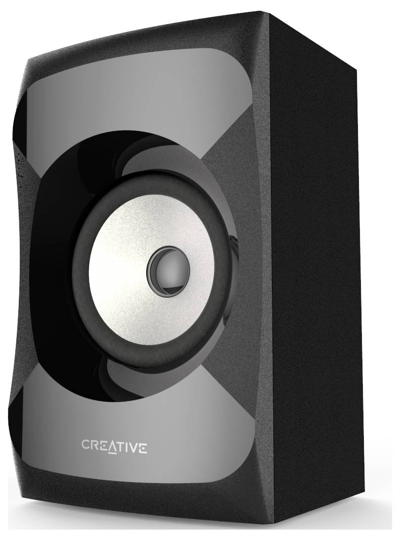 Ein schwarzer Lautsprecher mit silbernem Element in der Mitte und einer Markenaufschrift 'CREATIVE' darunter.
