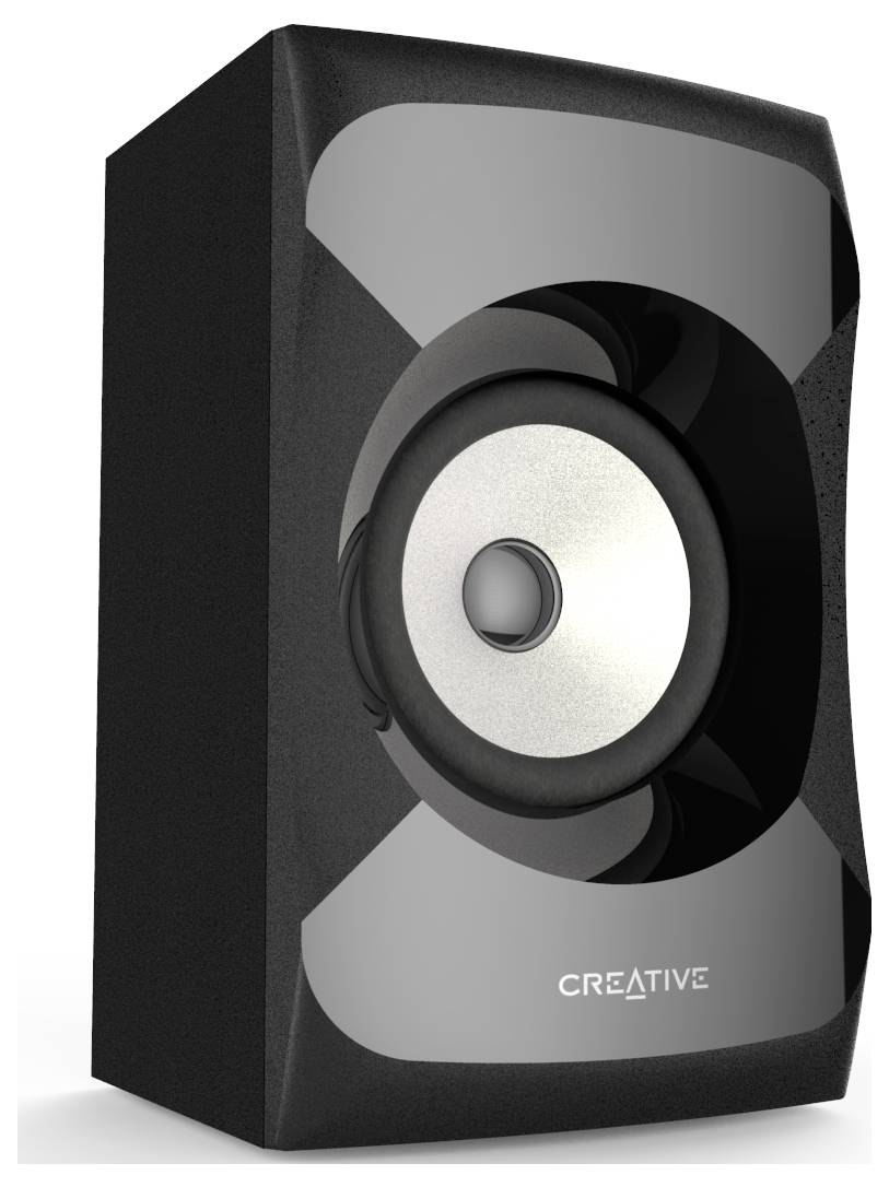 Schwarzer Lautsprecher mit silbernem Konus und der Aufschrift 'Creative' unten auf der Vorderseite.