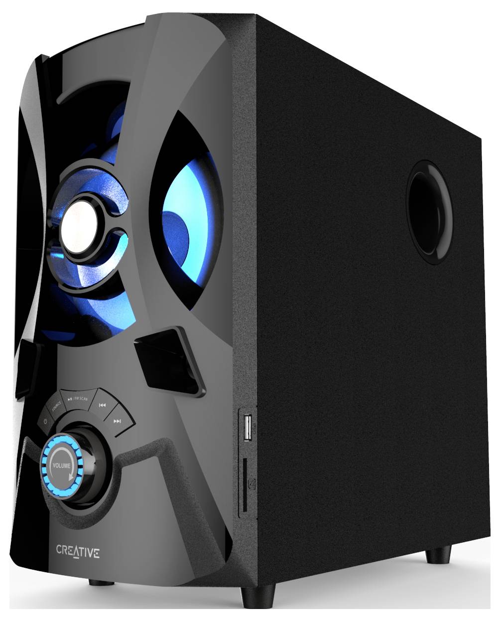 Schwarzer Lautsprecher mit blauem LED-Licht und Bedienelementen an der Vorderseite, für dynamischen Sound und modernes Design.