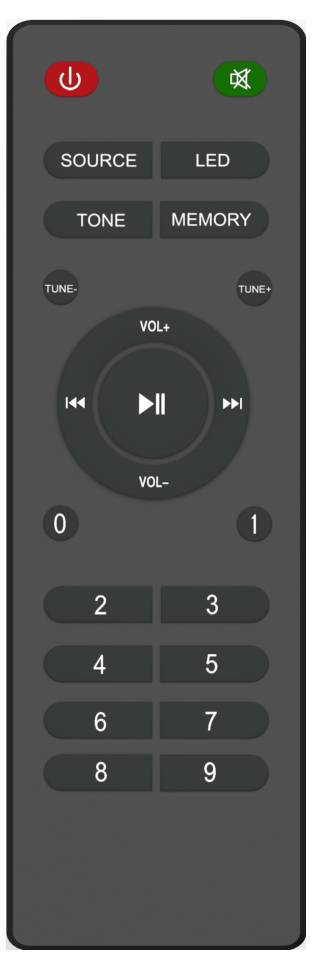 Eine schwarze Fernbedienung mit Tasten: Ein-/Ausschalten, LED, Ton, Memory sowie Zifferntasten von 0-9. In der Mitte Steuerknopf.