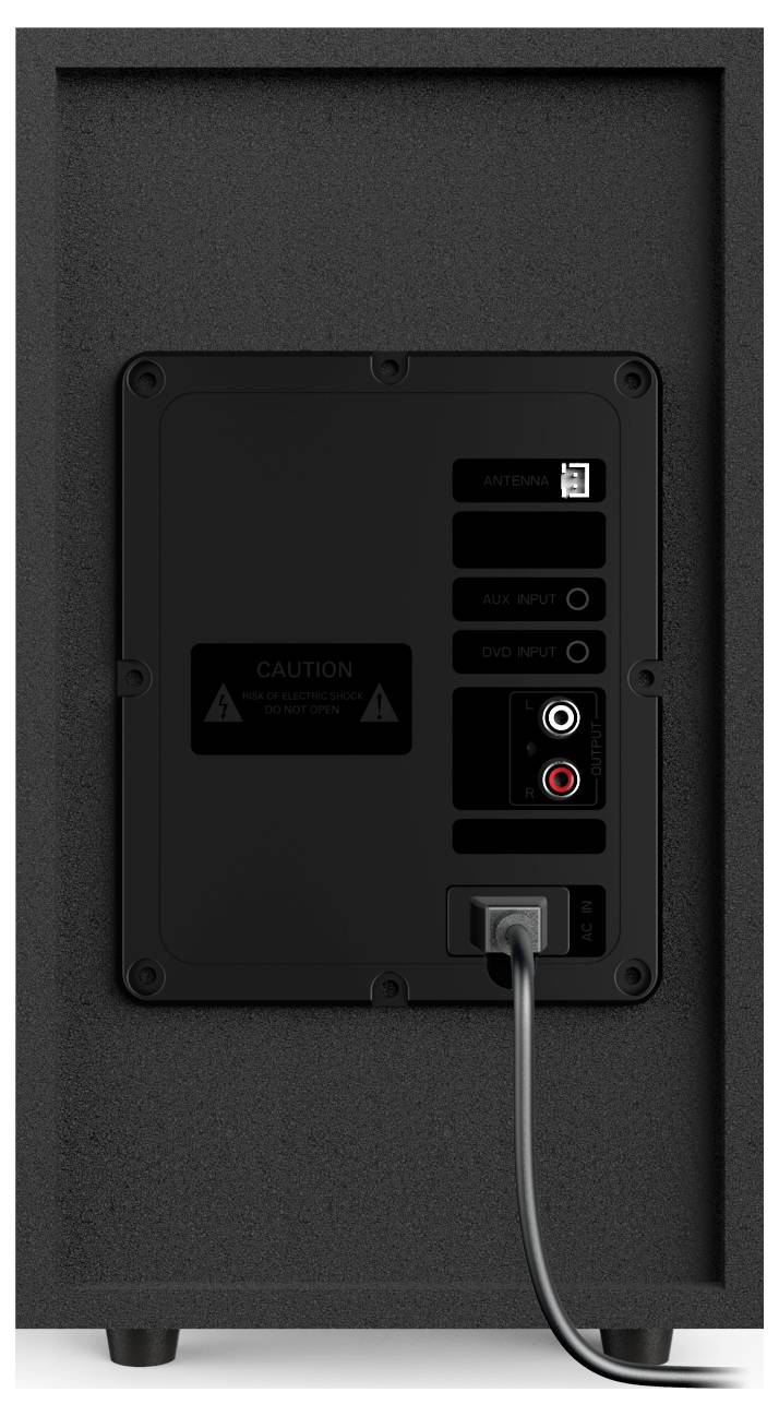 Rückseite eines Lautsprechers mit Anschlüssen: Antenne, AUX-Eingang, DVD-Eingang. Kabel ist an den Stromanschluss angeschlossen.