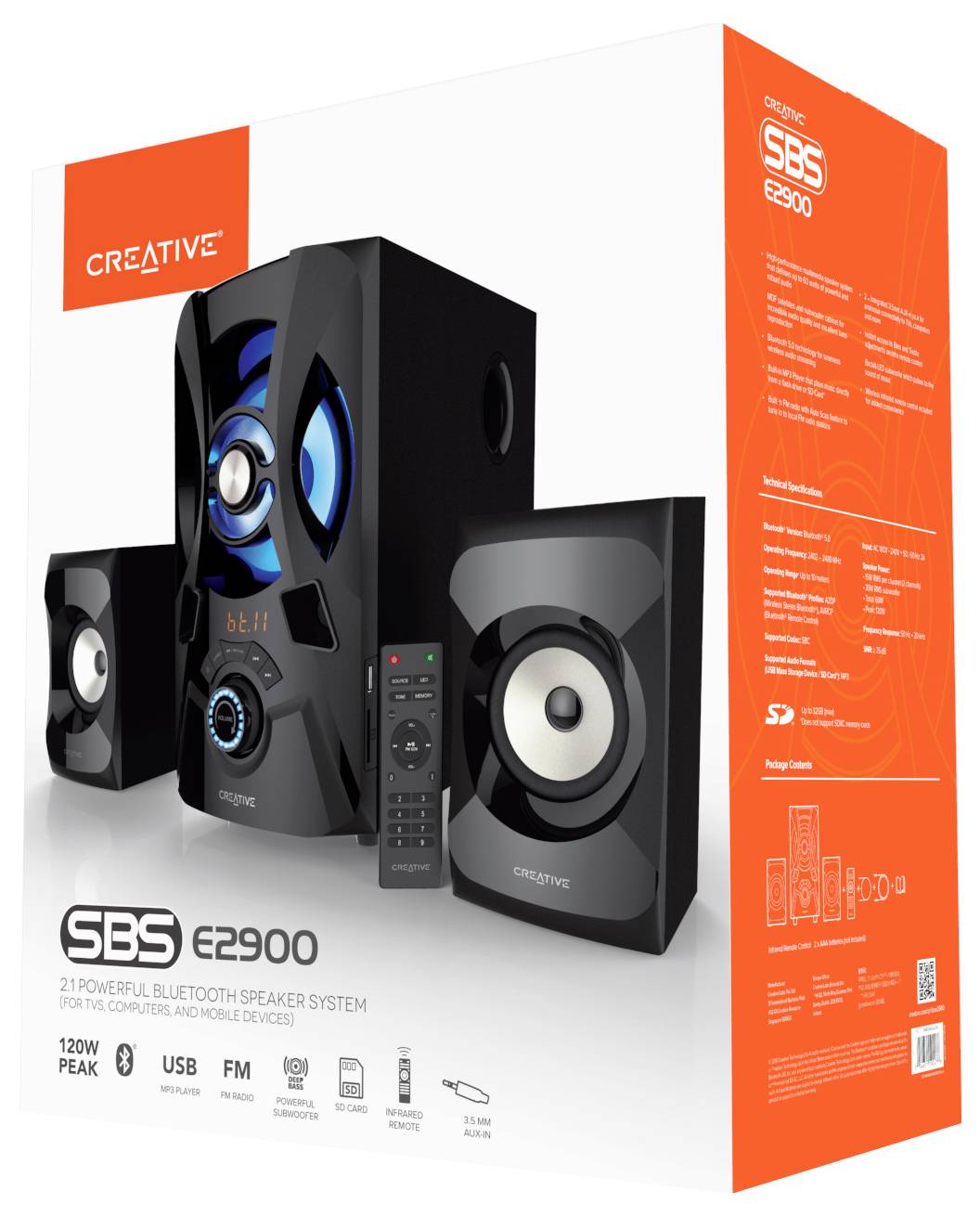 Lautsprecher-System Creative SBS E2900 auf Verpackung. Zeigt Frontansicht des Systems mit Lautsprecher, Subwoofer, Fernbedienung und technischen Details.