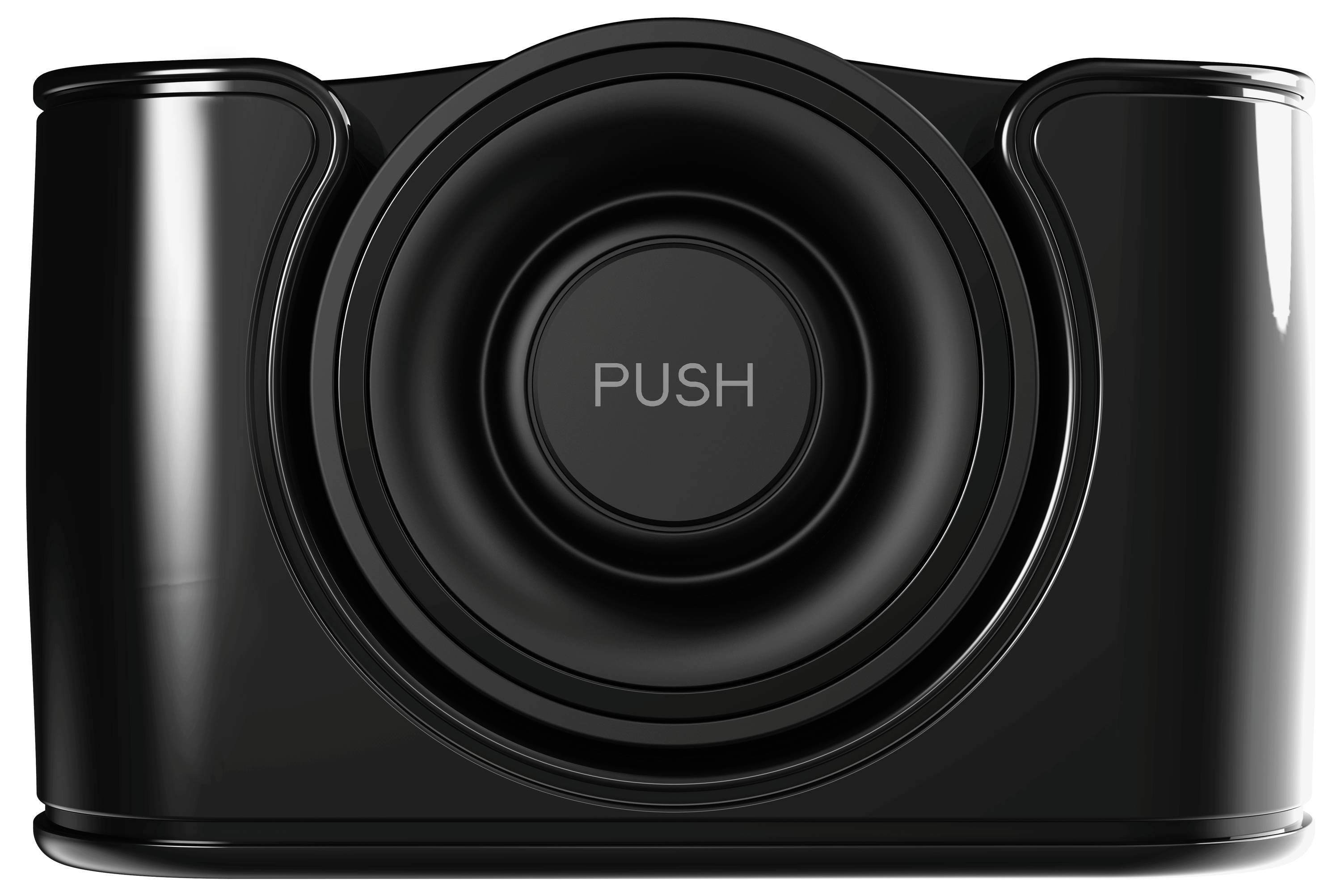 Schwarzer Staubsauger-Roboter mit 'Push'-Button in der Mitte, glänzendem Finish.