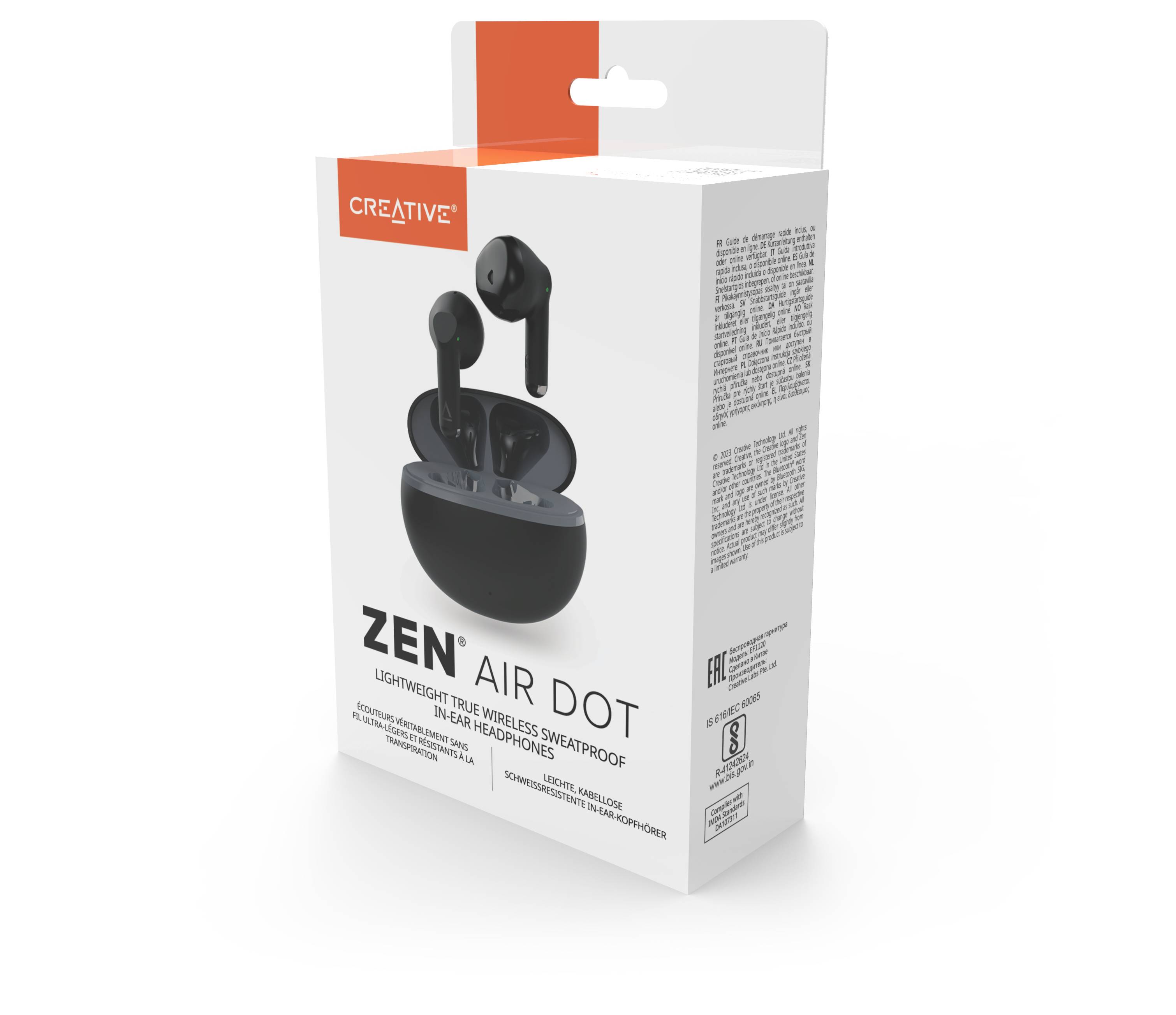 Verpackung einer kabellosen Ohrhörer-Marke mit Aufschrift 'Zen Air Dot', zeigt das Produktbild und betont kabelloses, schweißfestes Design.
