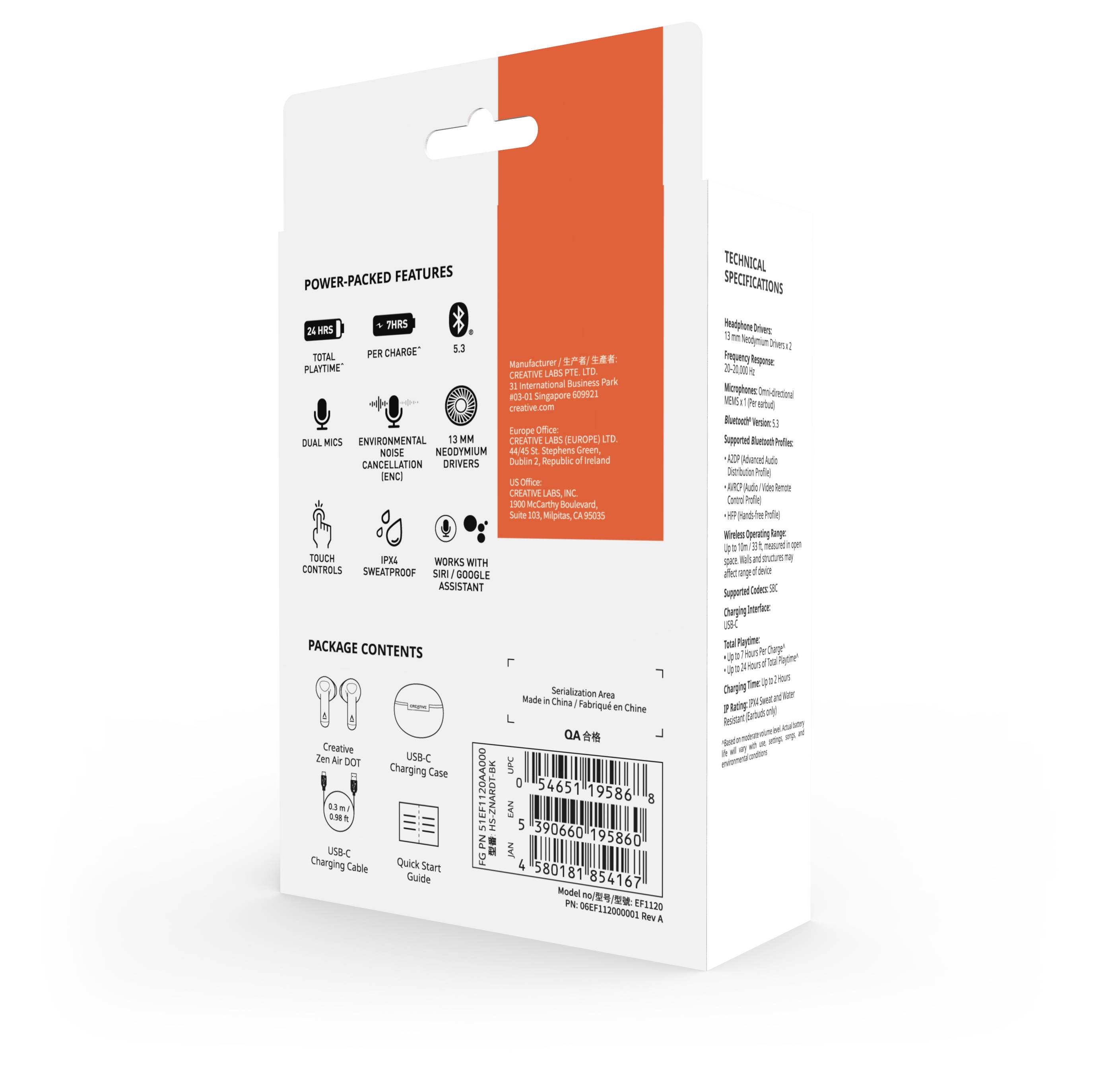 Creative Zen Air DOT In Ear Kopfhörer Bluetooth® Schwarz Schweißresistent, Wasserbeständig, Batterieladeanzeige, inkl. Lade- und