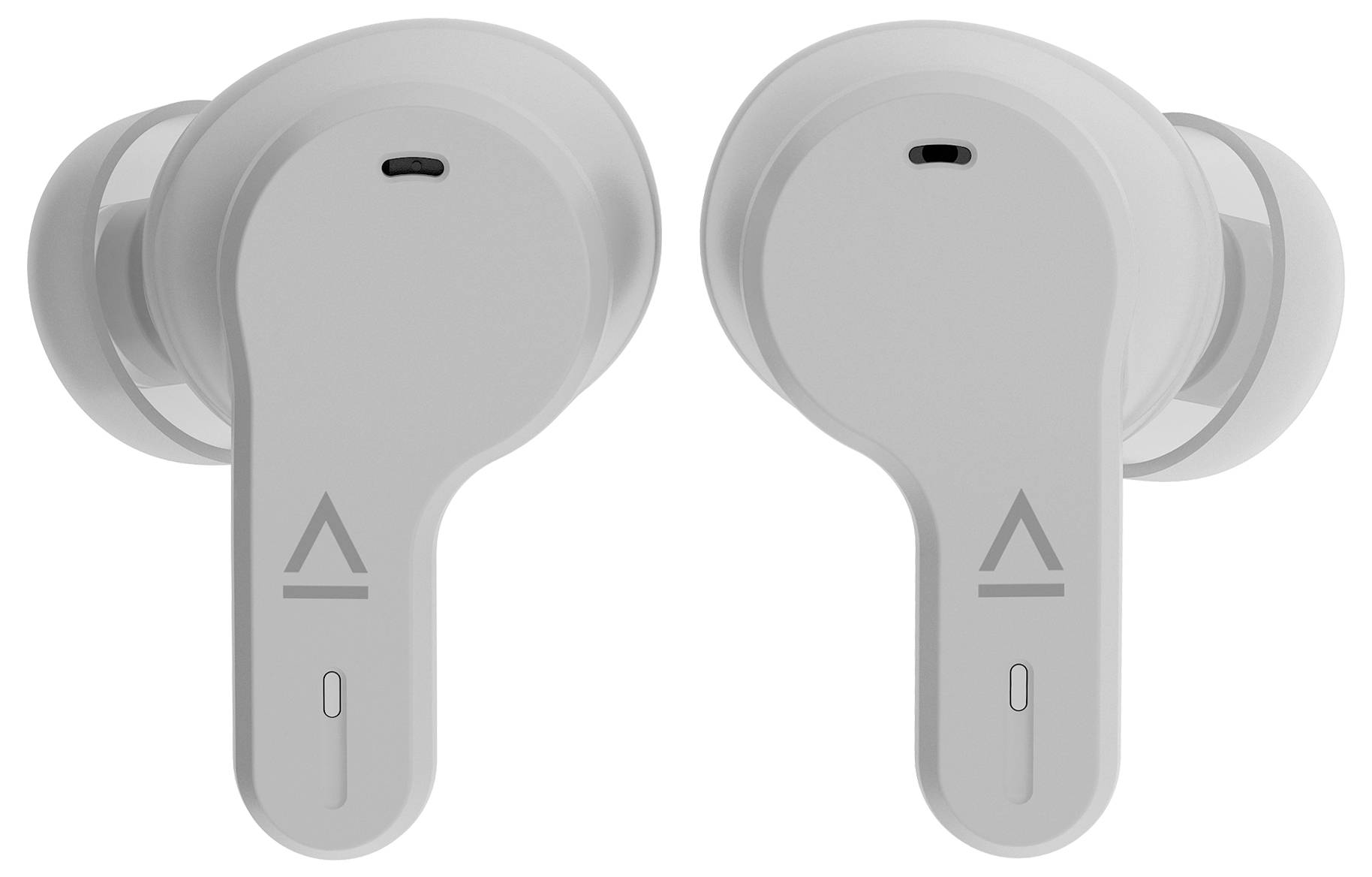 Ein Paar kabellose, weiße Ohrhörer mit minimalistischem Design. Sie haben ein dezentes Logo und Mikrofonöffnungen auf jedem Ohrhörer.