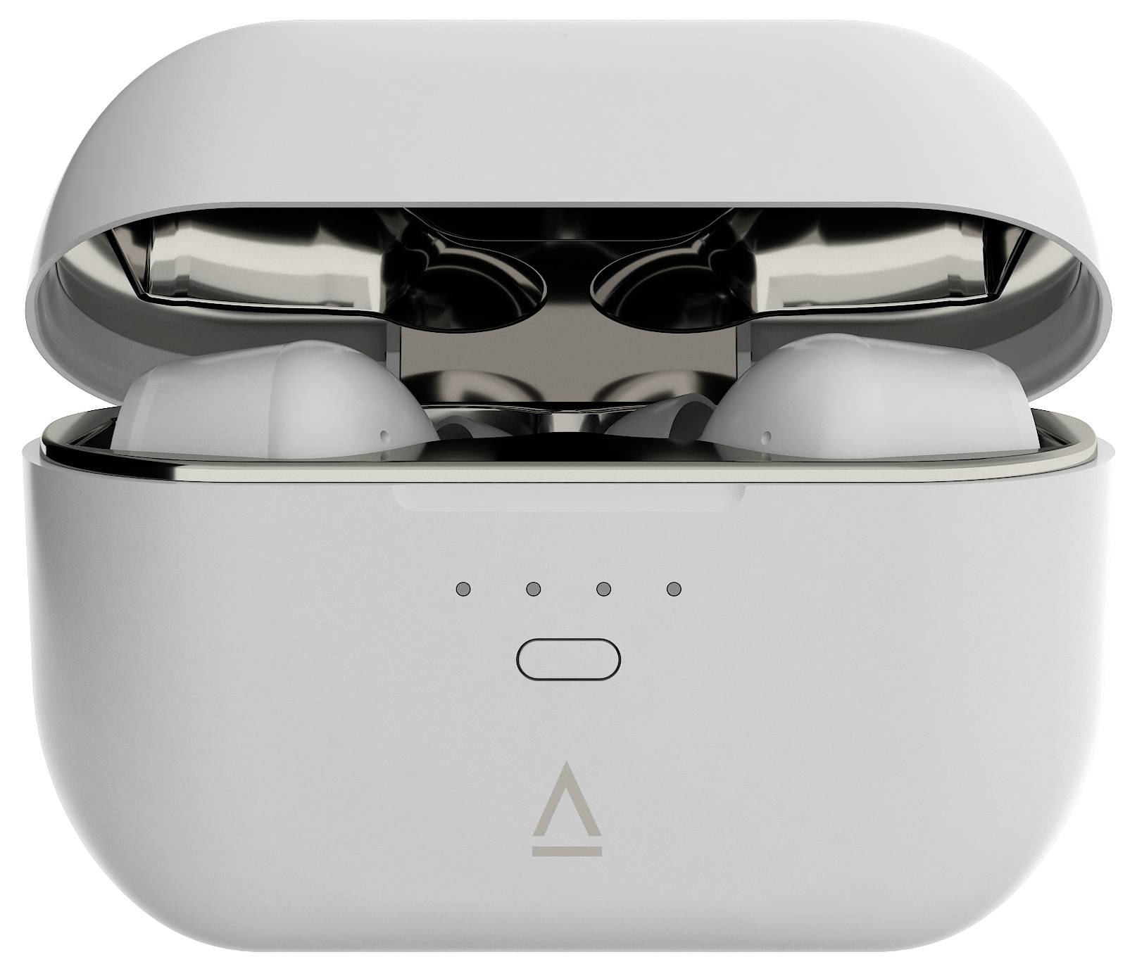 Weiße kabellose In-Ear-Kopfhörer im Ladeetui, teilweise geöffnet, mit einem Ladezustandsanzeiger und einem Logo auf der Vorderseite.
