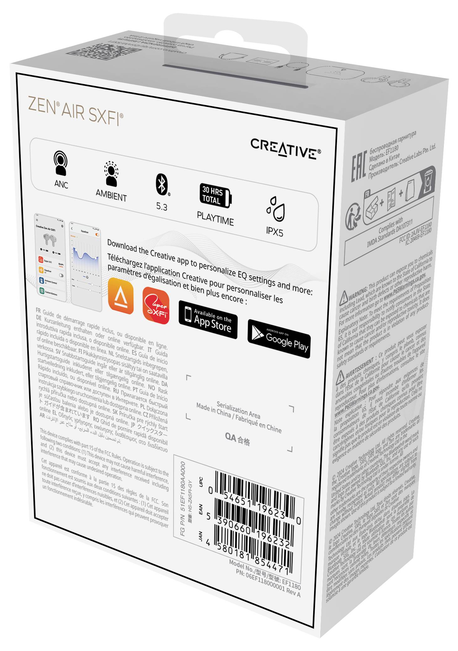 Verpackung der Creative Zen Air SXFI Ohrhörer. Enthält Funktionen wie ANC, 30 Stunden Akkulaufzeit und App-Unterstützung.