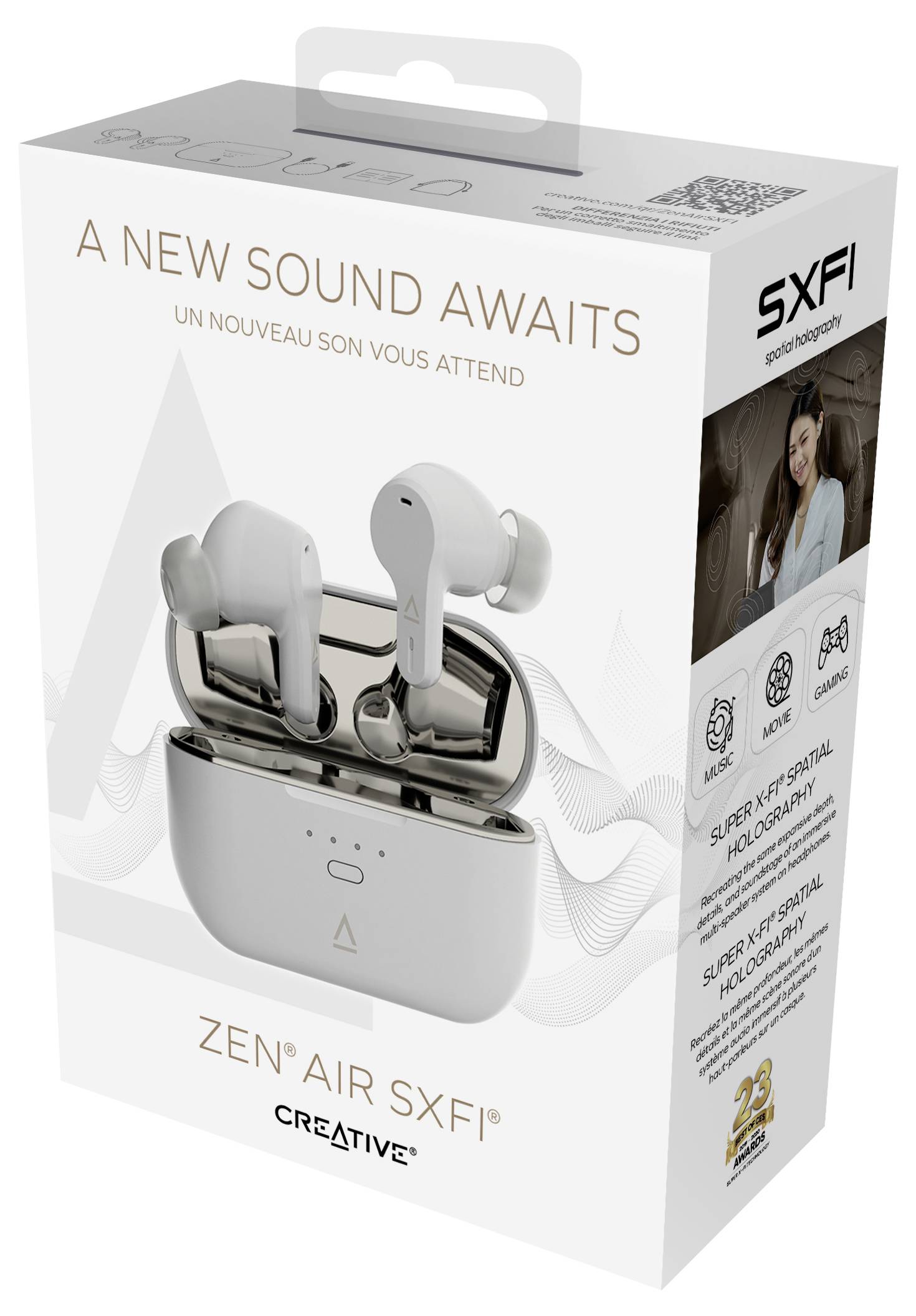 Verpackung für kabellose Ohrhörer 'Zen Air SXFI' von Creative mit Bild der Ohrhörer, und Text 'A New Sound Awaits'.