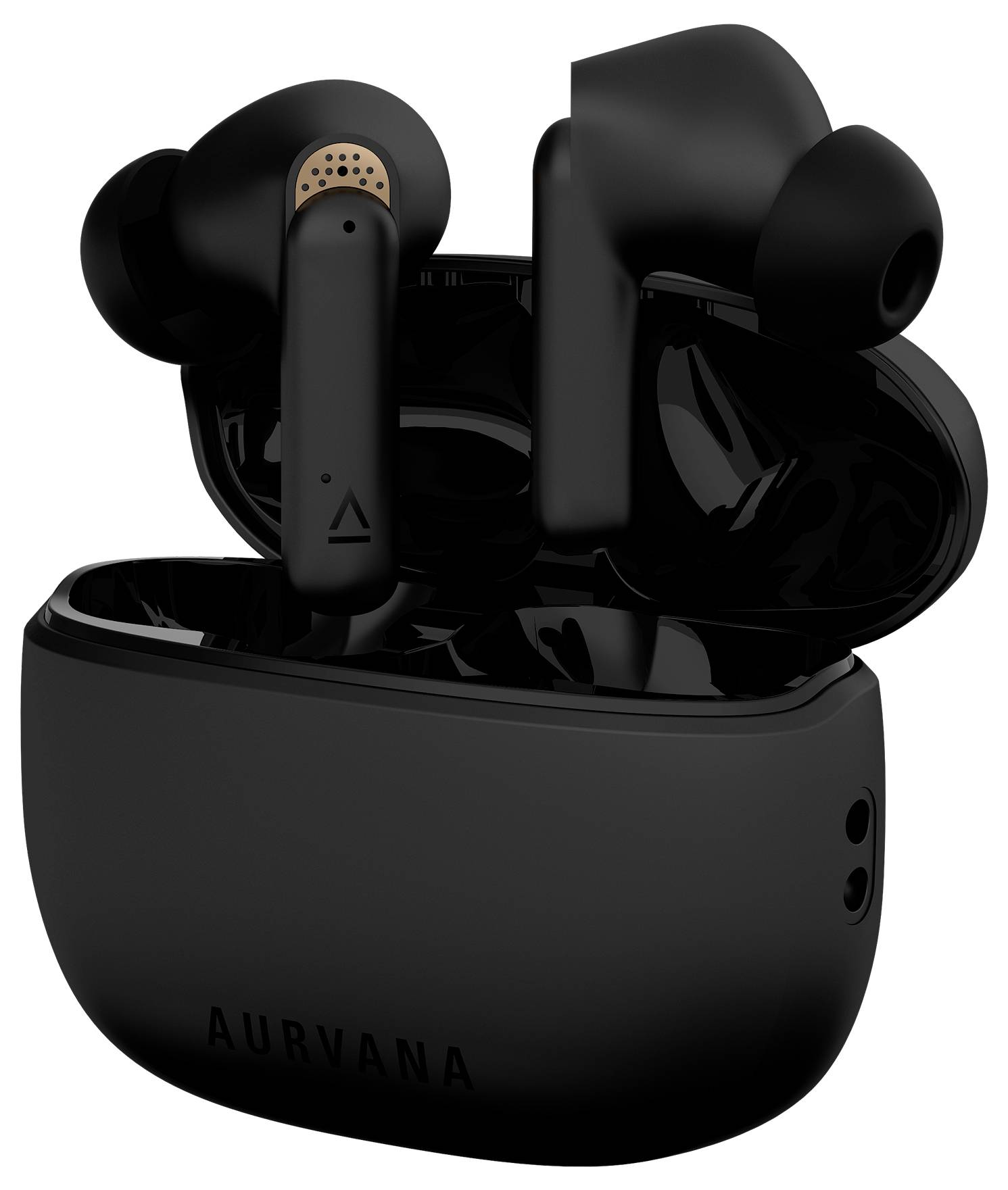Schwarze, kabellose In-Ear-Kopfhörer in einer geöffneten Ladebox, Vorderansicht. Aufschrift 'AURVANA' auf der Box.