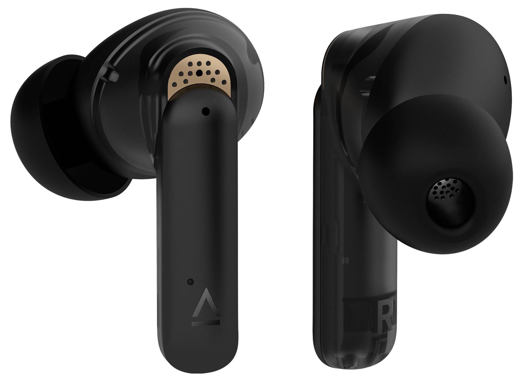 Ein Paar kabellose schwarze In-Ear-Kopfhörer mit einem glänzenden Finish und goldenen Akzenten, die von der Seite und von hinten gezeigt werden.