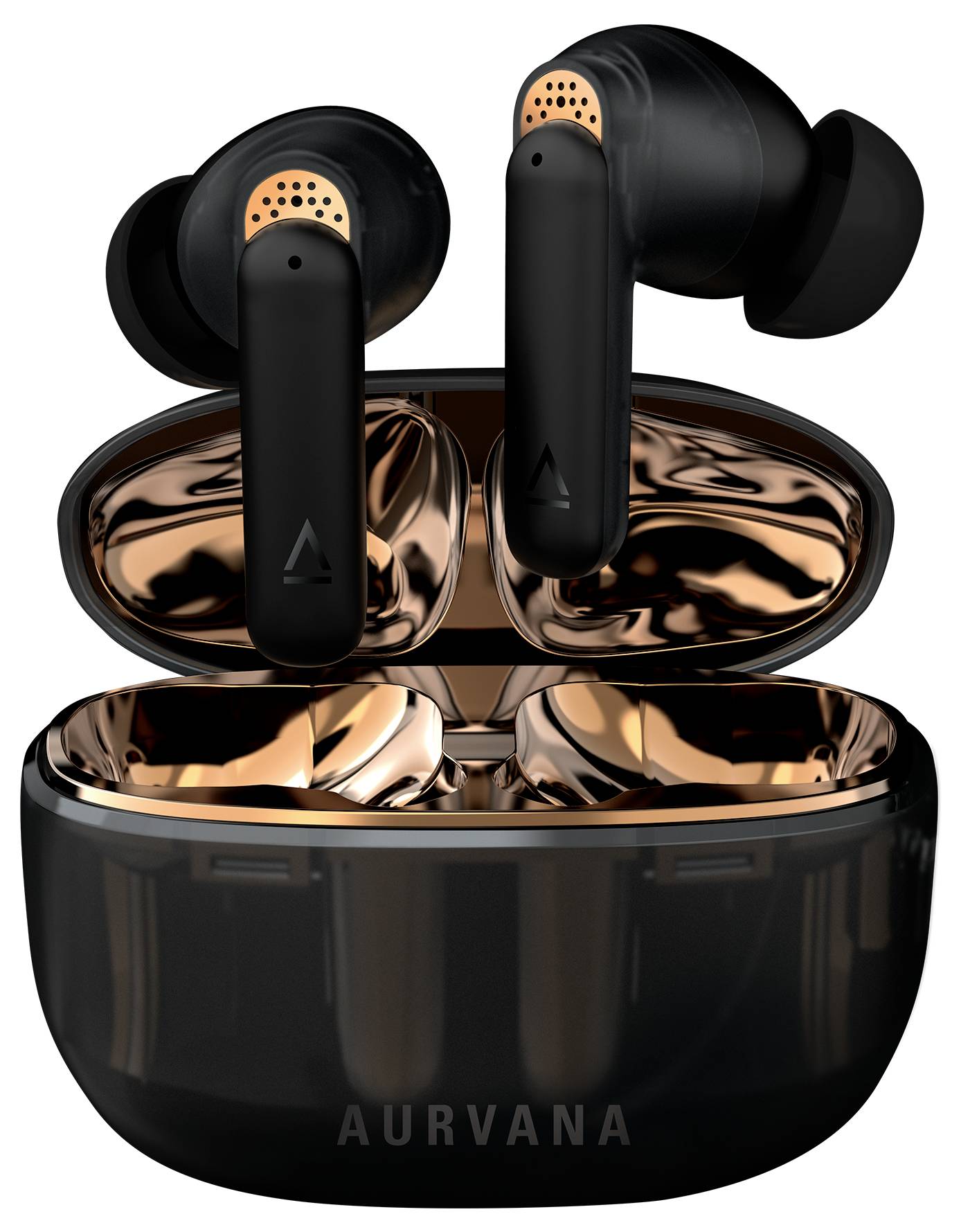 Kabellose schwarze Ohrhörer mit kupfernen Details, geöffnetes Ladeetui, Markenname 'AURVANA' auf der Vorderseite.