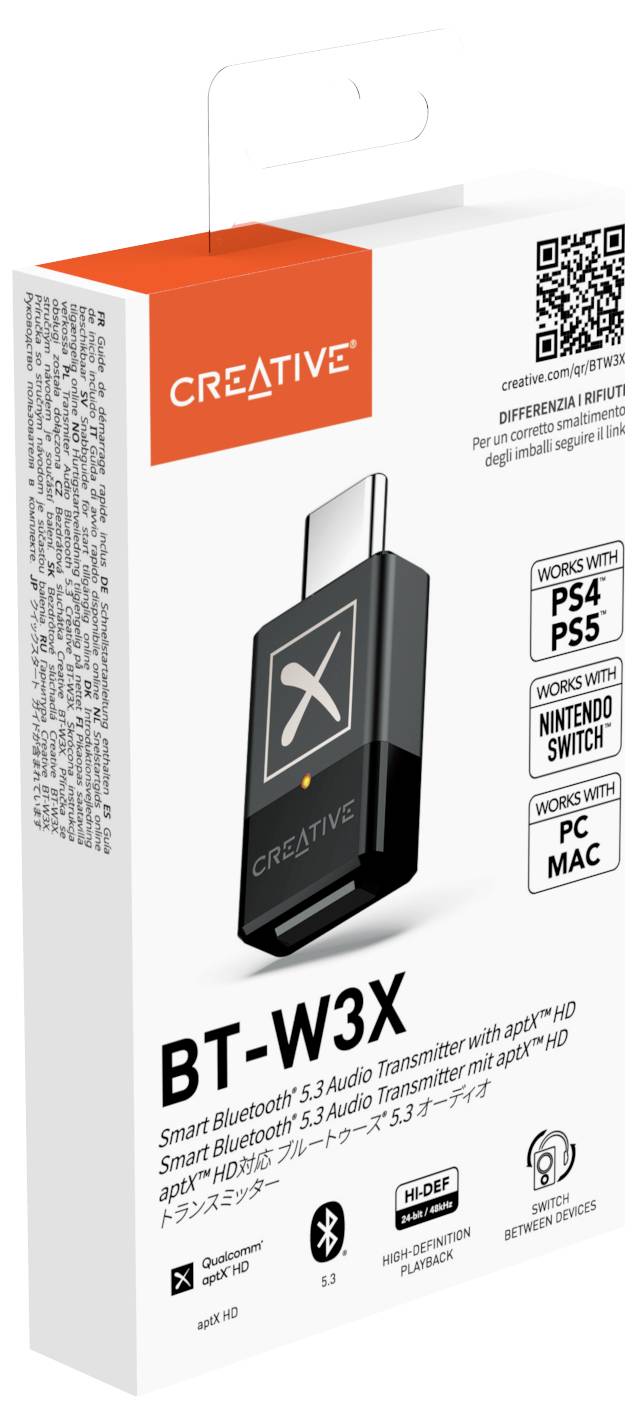 Bluetooth-Audio-Transmitter 'Creative BT-W3X' in Verpackung. Kompatibel mit PS4, PS5, Nintendo Switch, PC und Mac. Unterstützt aptX HD.