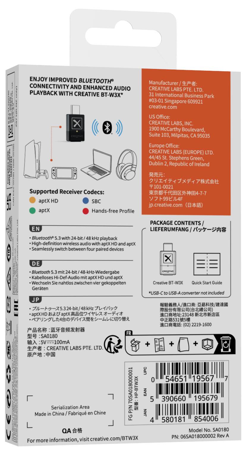 'Creative BT-W3' Bluetooth-Adapter Verpackung zeigt Kompatibilität, technische Daten, unterstützte Geräte und Lieferumfang.