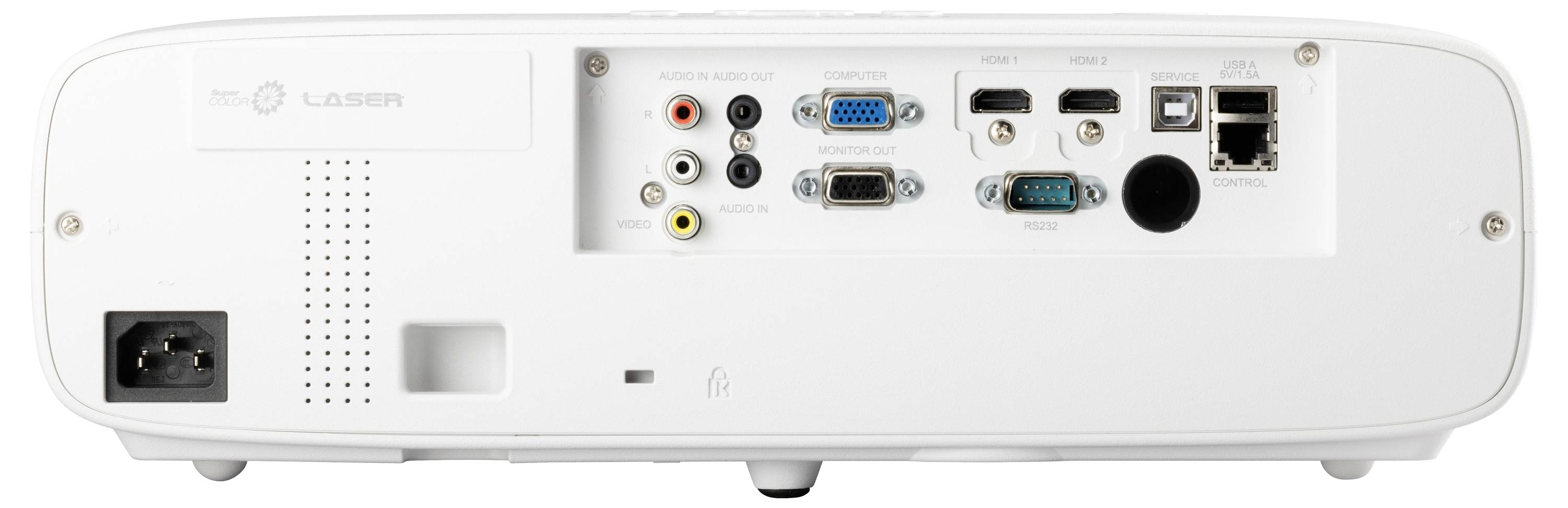 Der Projektor zeigt die Rückseite mit Anschlüssen: VGA, HDMI, Ethernet, Audio-Ein- und Ausgänge, USB. Geeignet für Multimedia-Verbindungen.