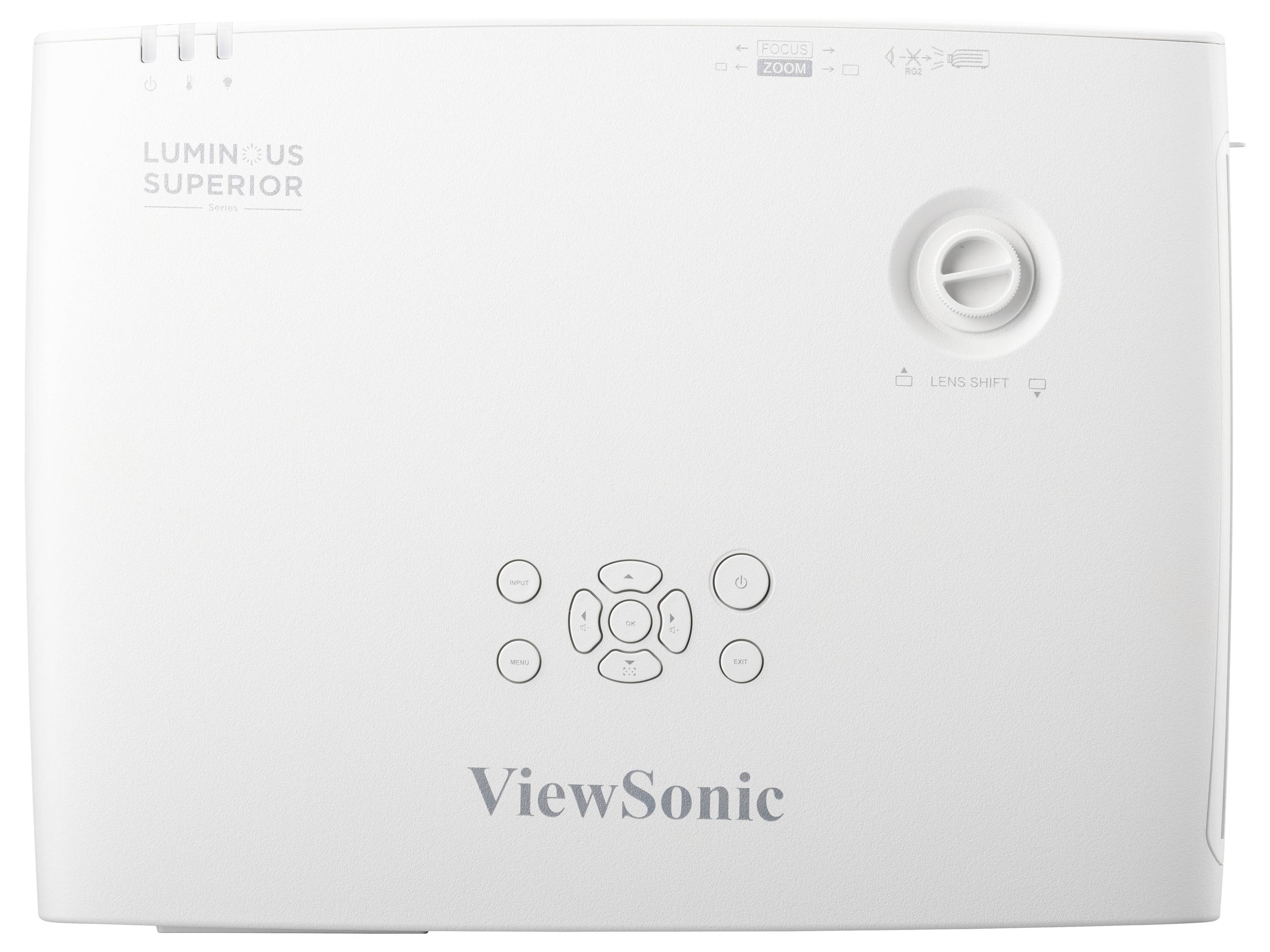 Ein weißer ViewSonic-Projektor mit Bedienelementen in der Mitte und der Aufschrift 'Luminous Superior' oben links.