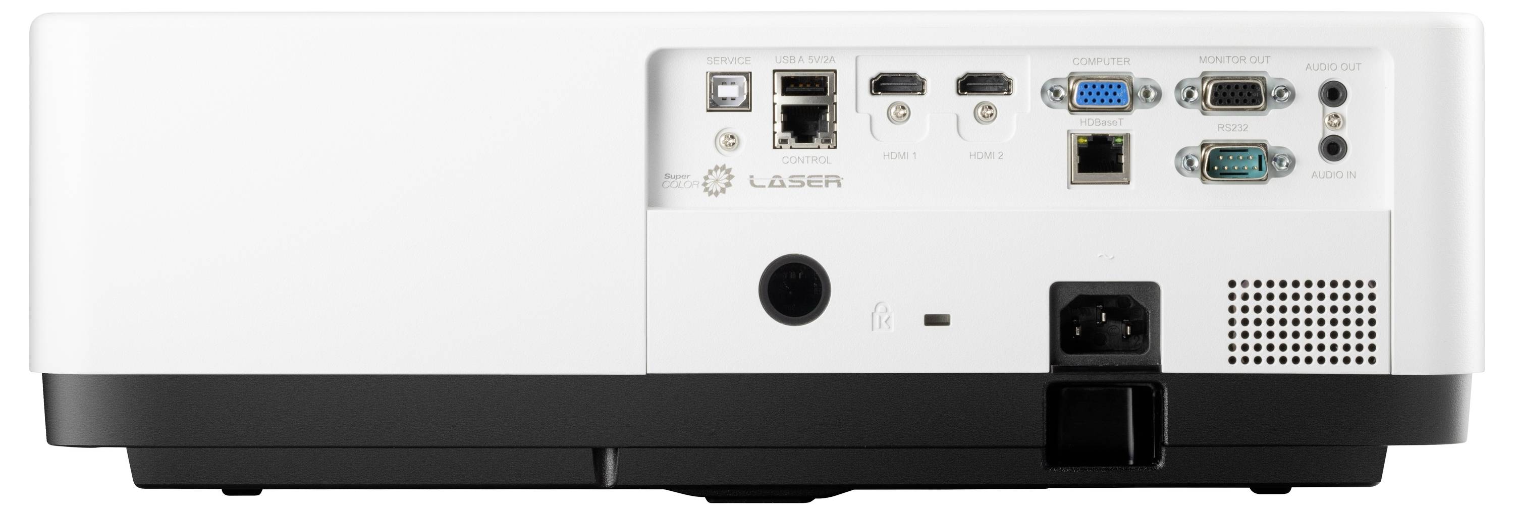 Die Rückseite eines Projektors mit verschiedenen Anschlussmöglichkeiten, darunter VGA-, DVI-, HDMI-Ports, USB-Anschluss und Netzanschluss.