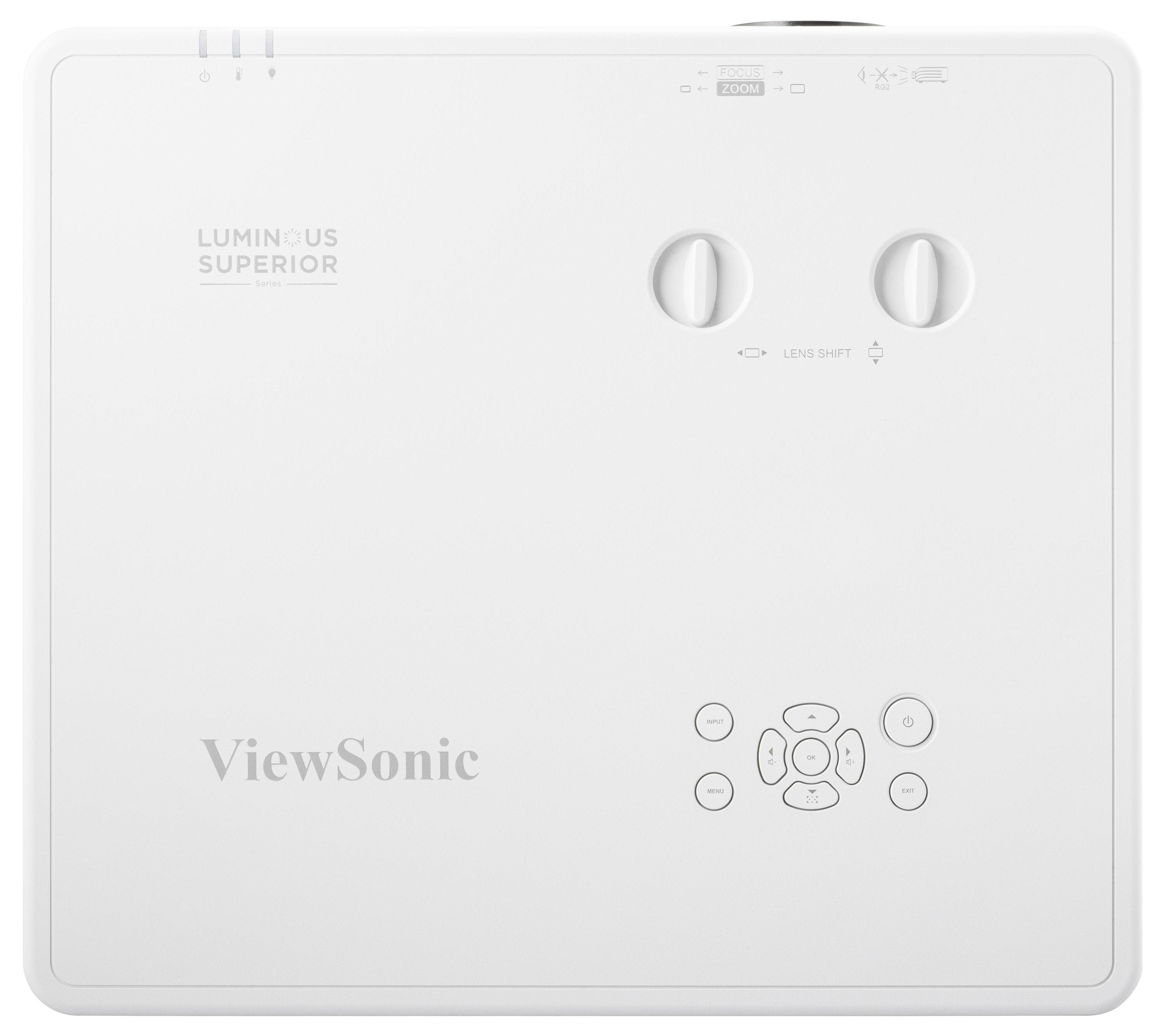 Ein weißer Projektor der Marke 'ViewSonic' mit Bedientasten und zwei Drehknöpfen auf der Oberseite für Einstellungen und Linsenverschiebung.