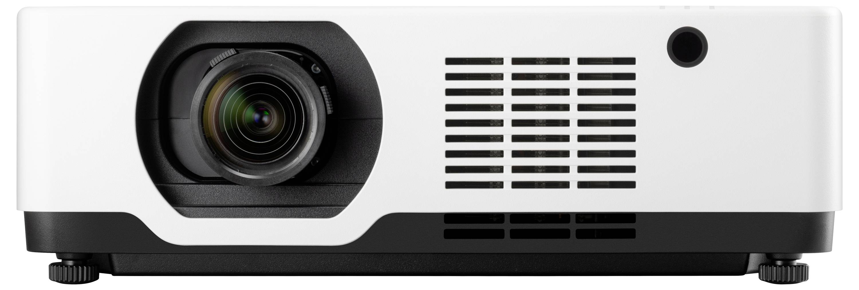 Ein weißer Projektor mit schwarzer Linse und Lüftungsschlitzen an der Vorderseite, steht auf einer flachen Oberfläche.