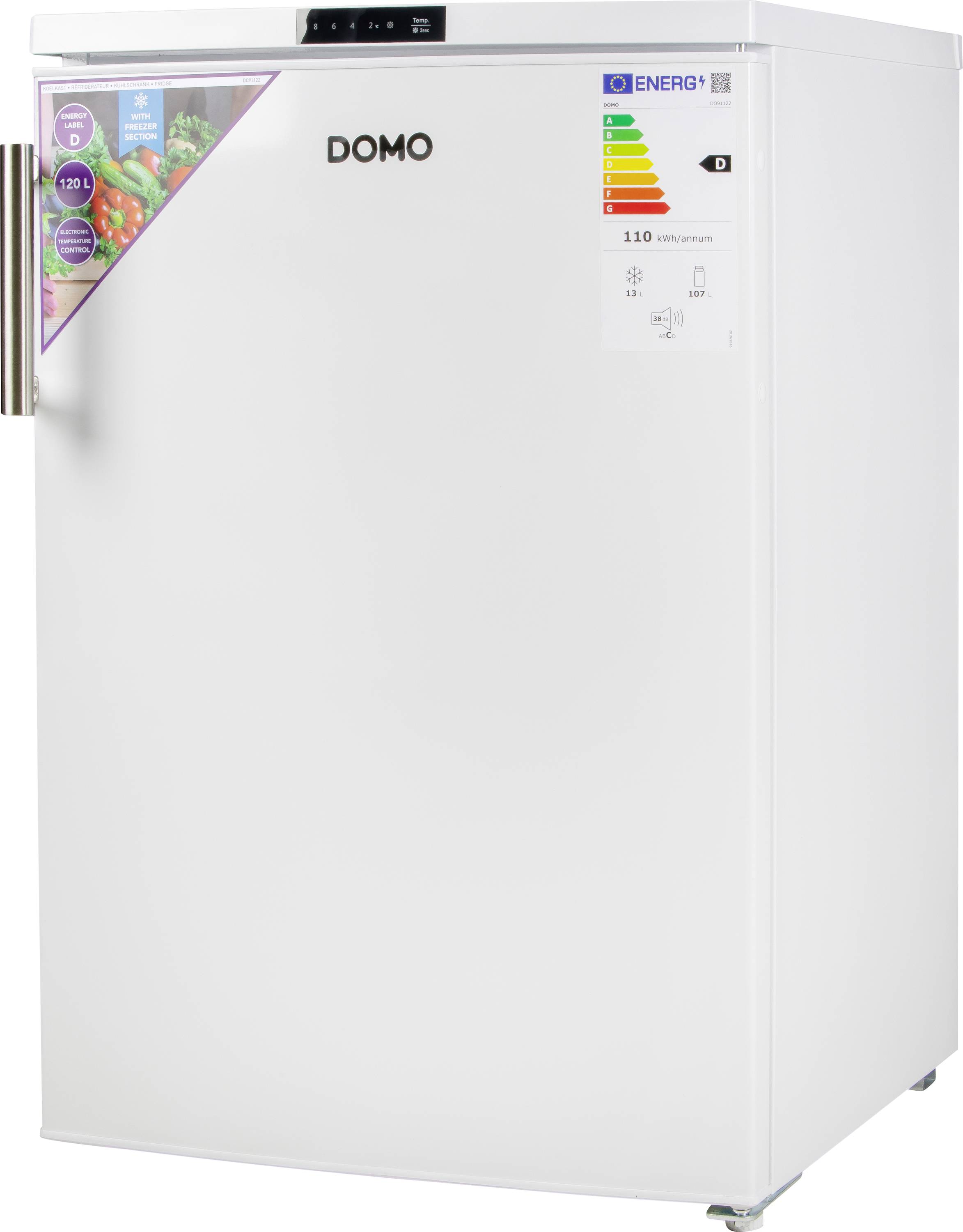 Ein weißer Kühlschrank der Marke DOMO mit Energieeffizienzklasse A+, geeignet für 110 Liter.