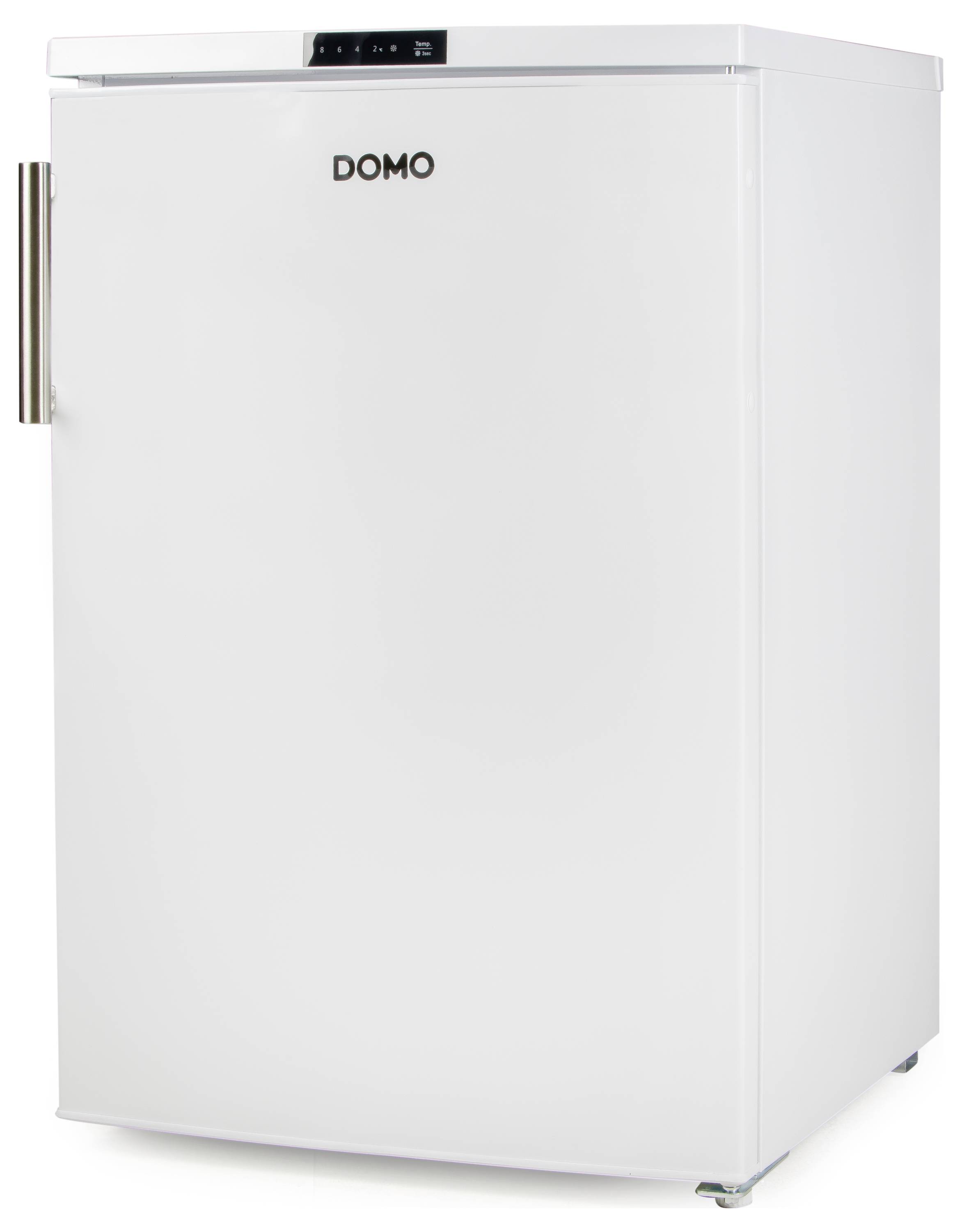 Ein weißer, freistehender Kühlschrank mit silbernem Griff und digitalem Display oben.