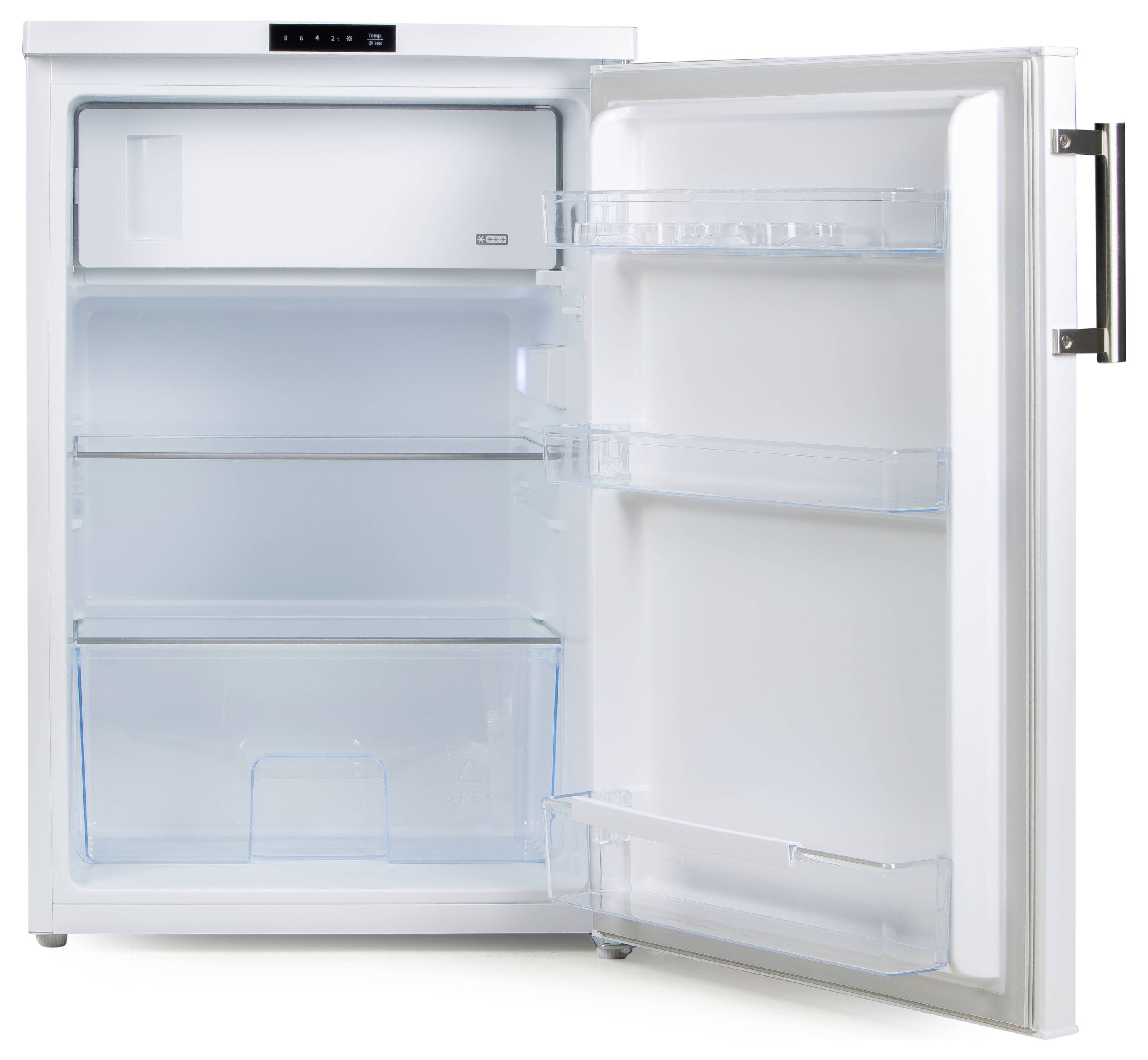 Offener, leerer Kühlschrank mit transparenten Glasregalen und Fächern an der Tür. Oberes Fach ist ein kleines Gefrierfach.