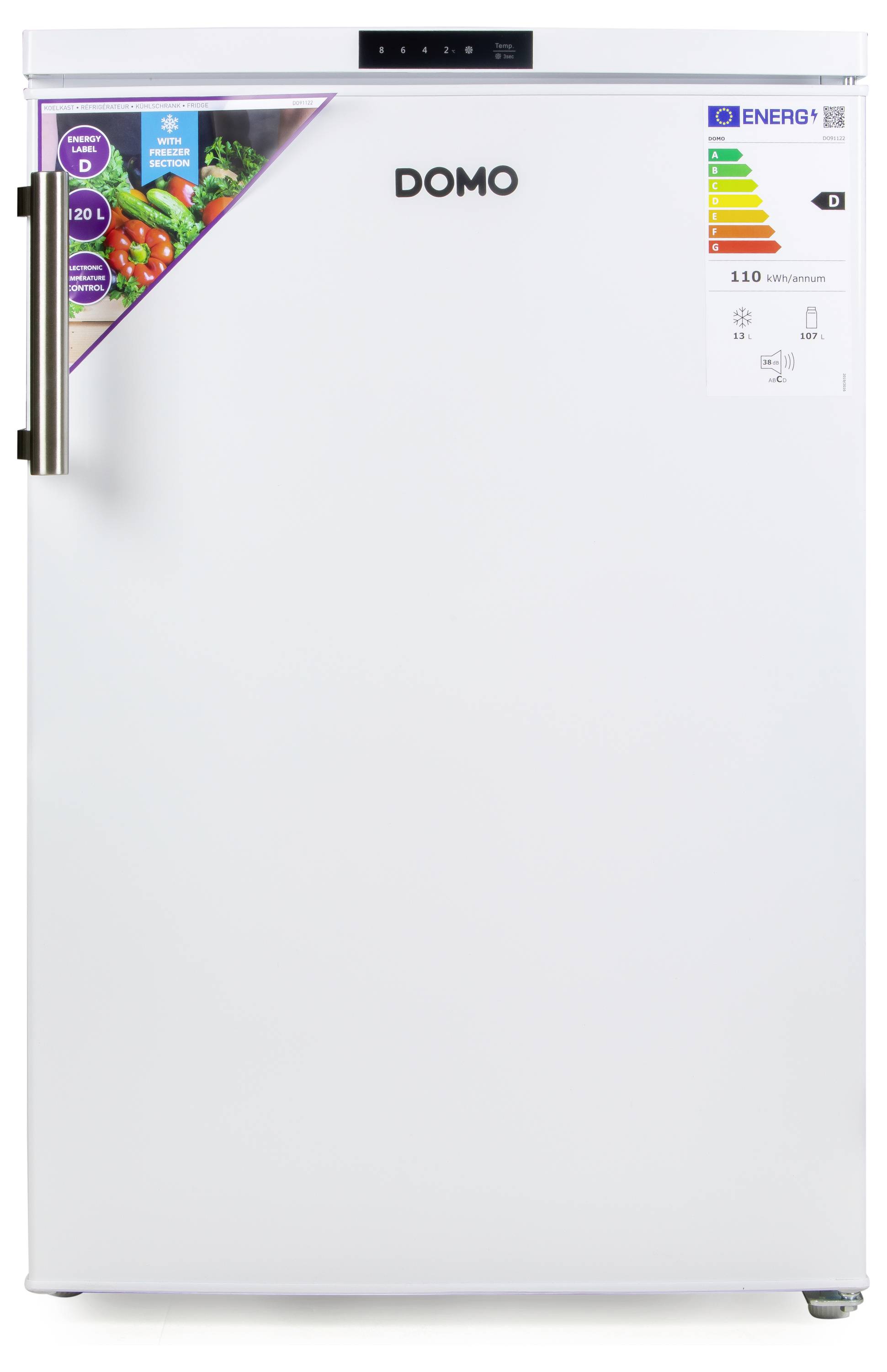Ein weißer Kühlschrank der Marke Domo mit Energieeffizienzlabel A+, fasst 110 Liter. Links oben ein Aufkleber mit Gemüseabbildung.