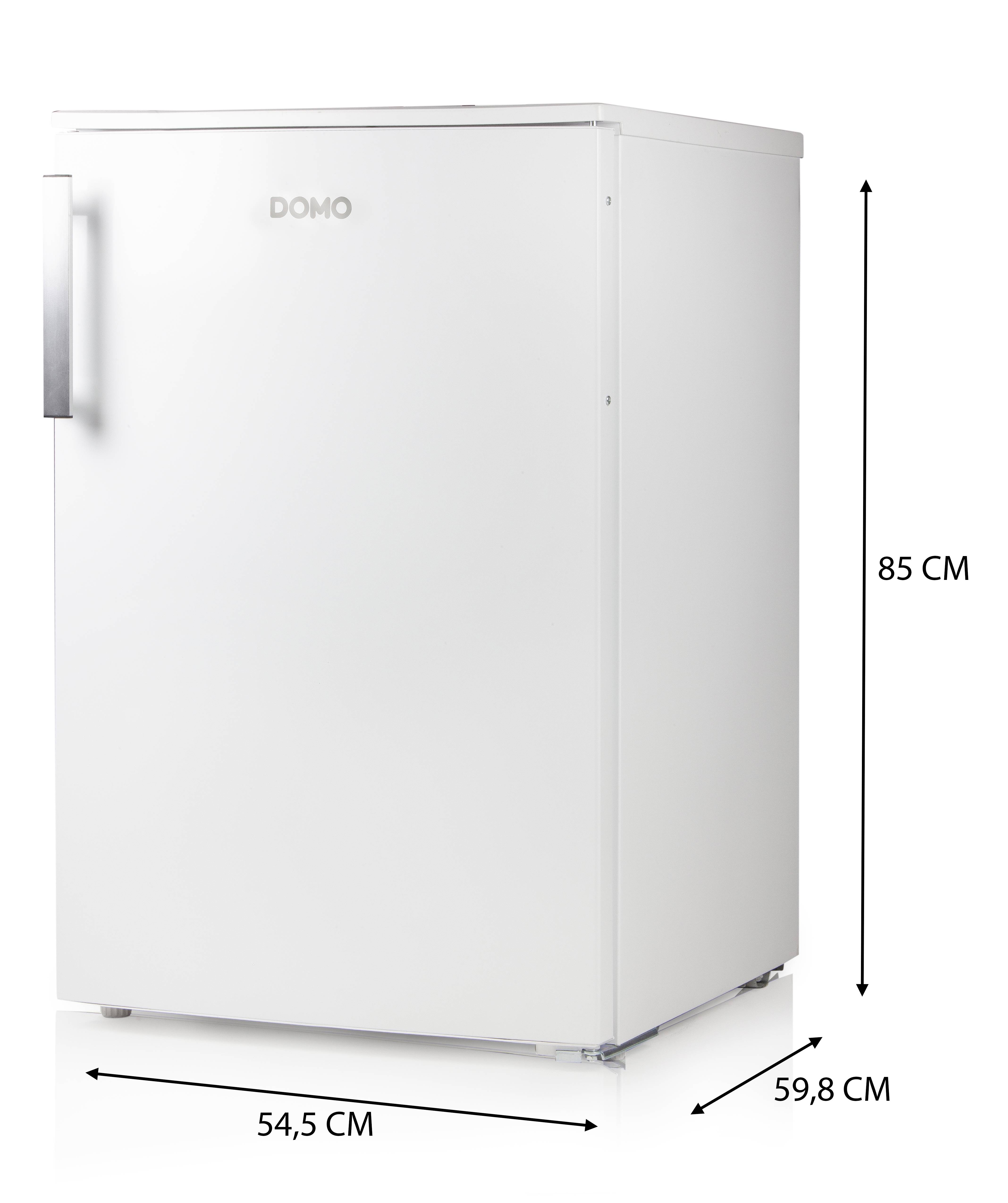 Weiße Kühl-Gefrierkombination mit den Maßen 85 cm Höhe, 54,5 cm Breite und 59,8 cm Tiefe.