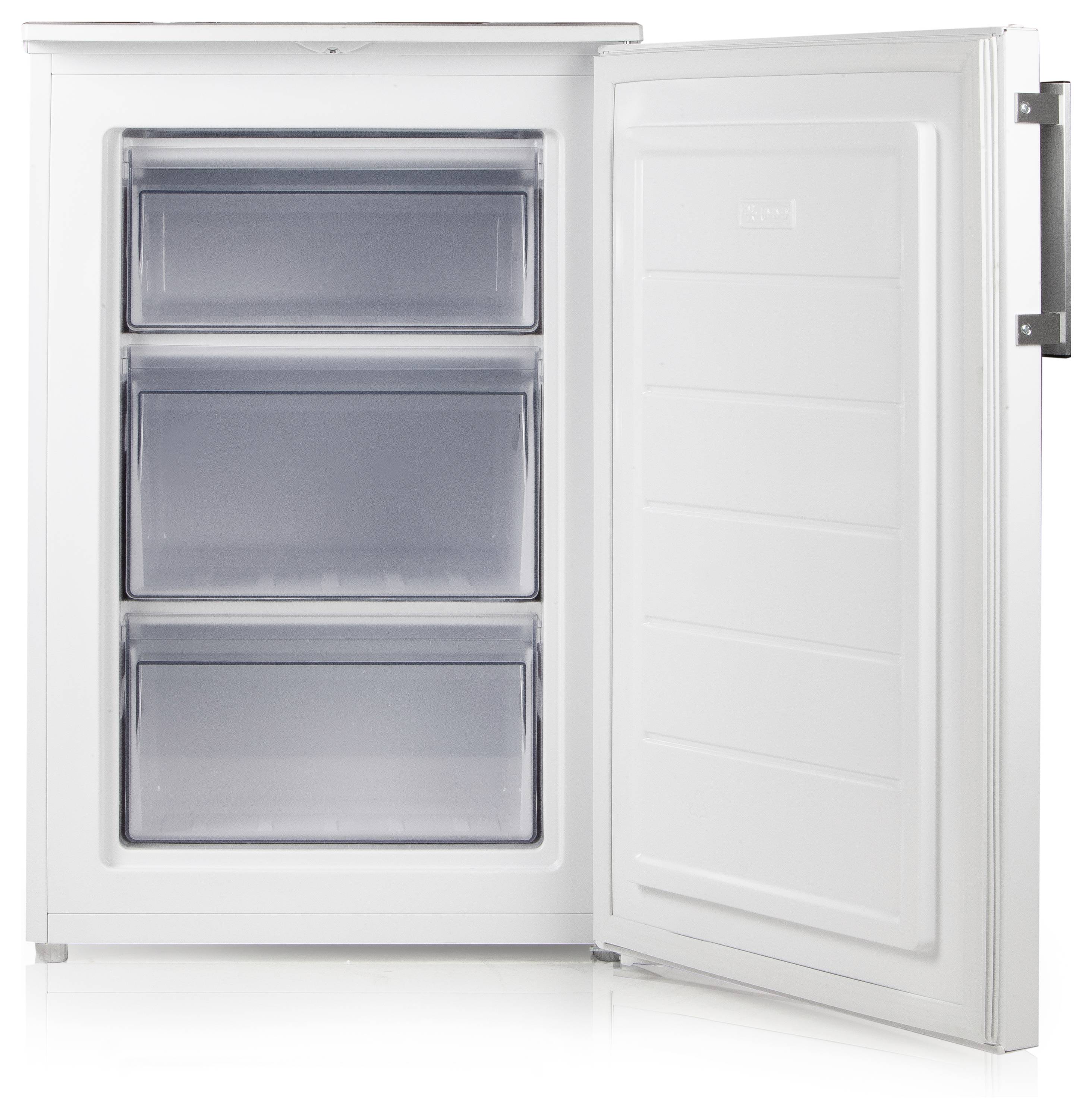 Ein geöffneter weißer Gefrierschrank mit drei transparenten Schubladen, keine Lebensmittel sichtbar.