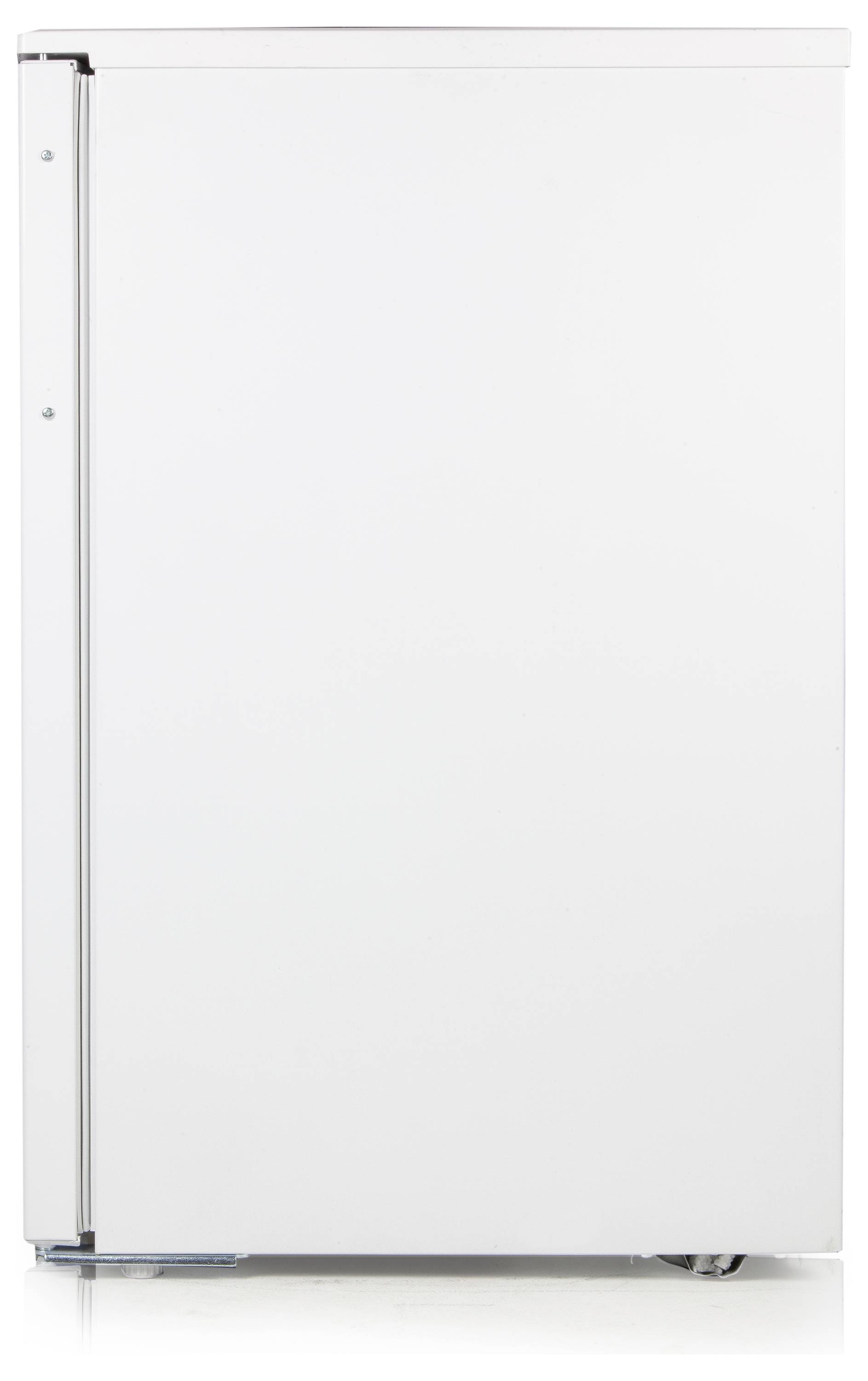 Ein weißer Standkühlschrank vor einem neutralen Hintergrund, die Front und Griffe sind nicht sichtbar.