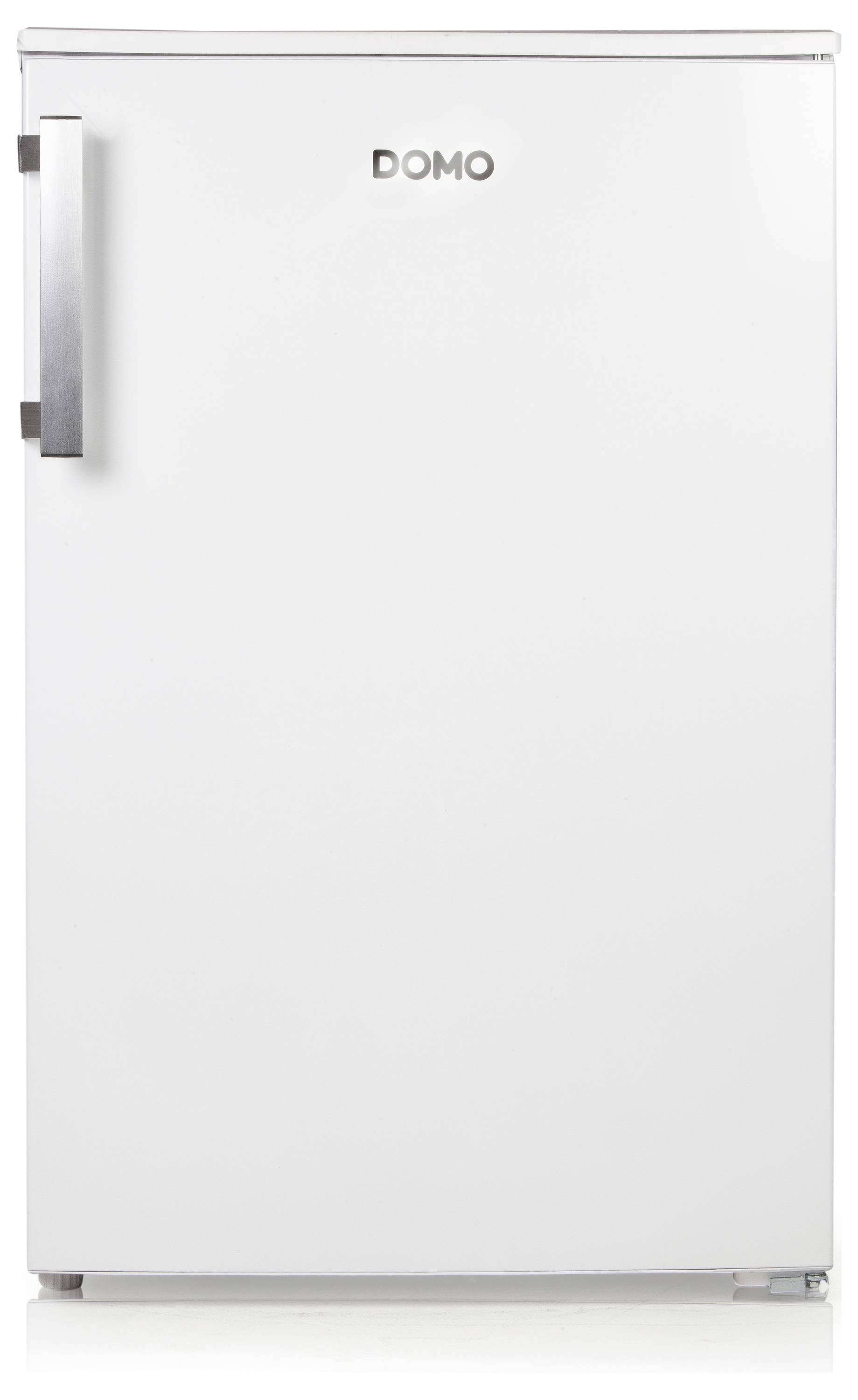 Ein weißer Kühlschrank mit Griff auf der linken Seite, markiert mit 'Domo'.